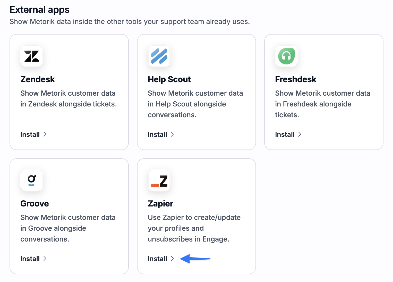 External apps page in Metorik showing the Zapier integration card with Install button