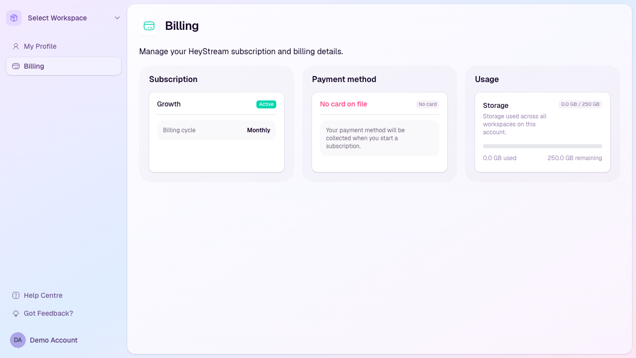 The HeyStream Billing page showing subscription, billing cycle, payment method, and storage usage cards.