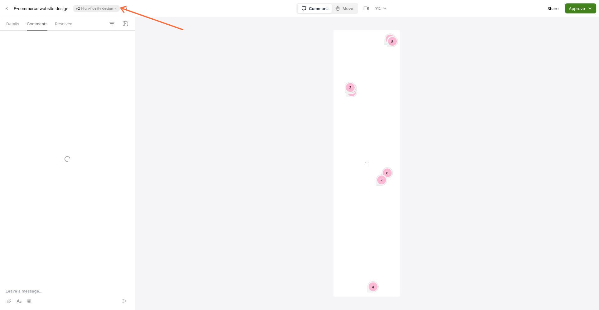 The version selector appears in the top left of the work view, showing the current version name (e.g., 'v2 High-fidelity design')