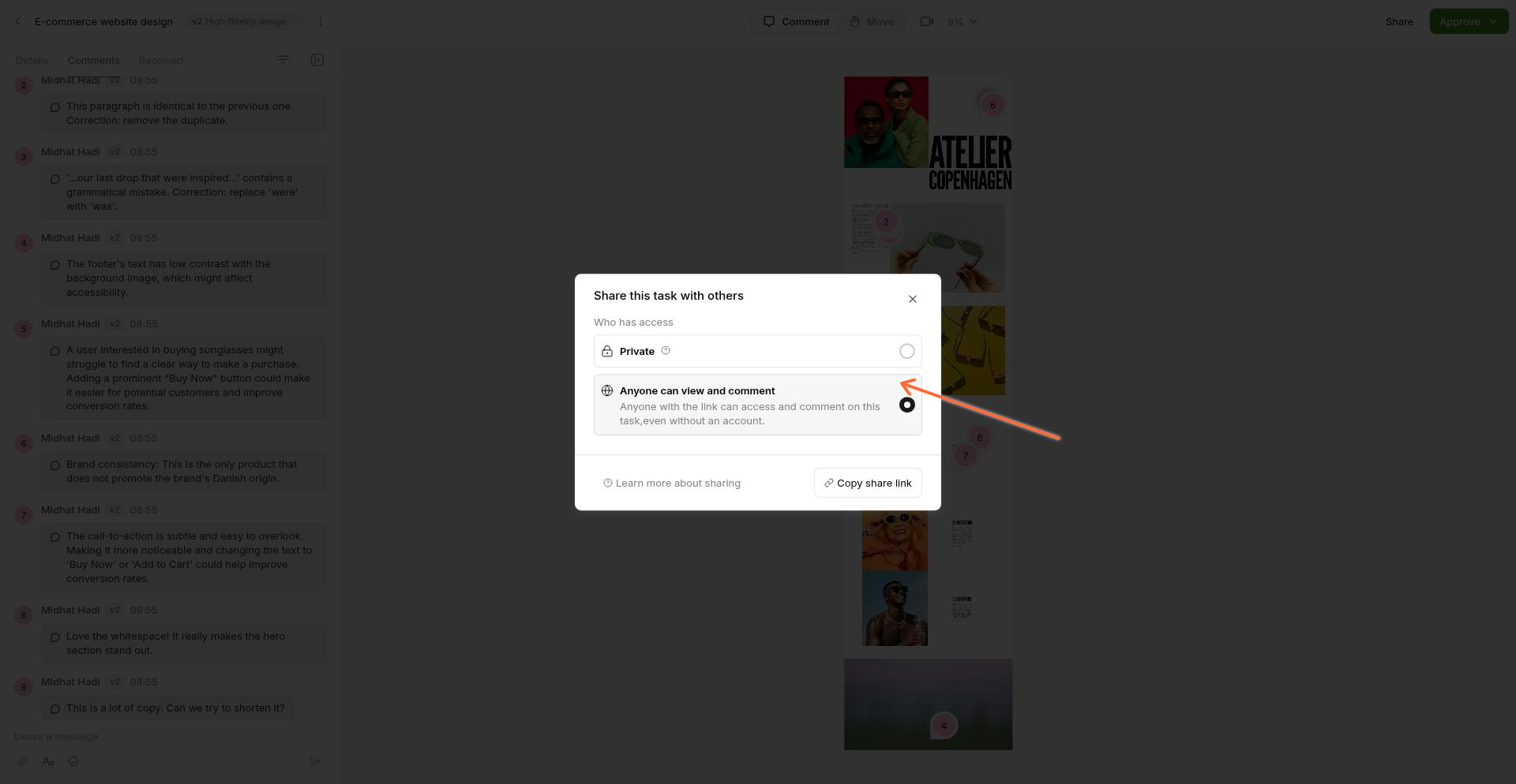 Share modal showing access options
