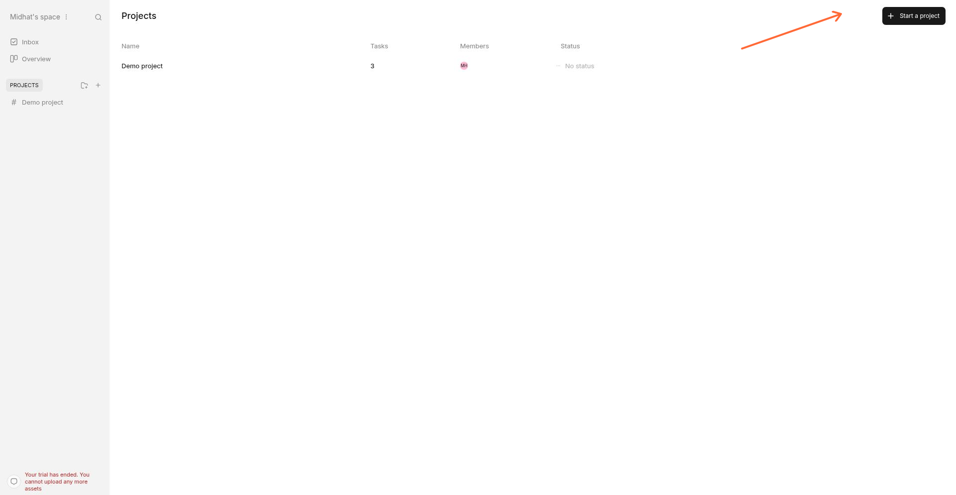 The Projects view shows all your projects with a 'Start a project' button to create new ones