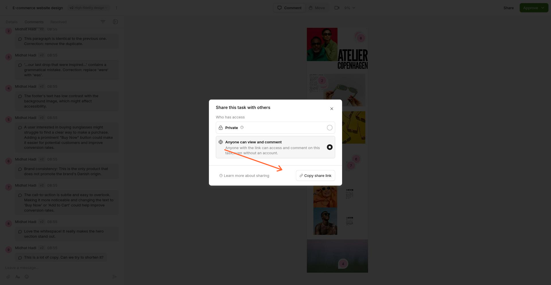 The Share modal lets you choose privacy settings and copy a shareable link