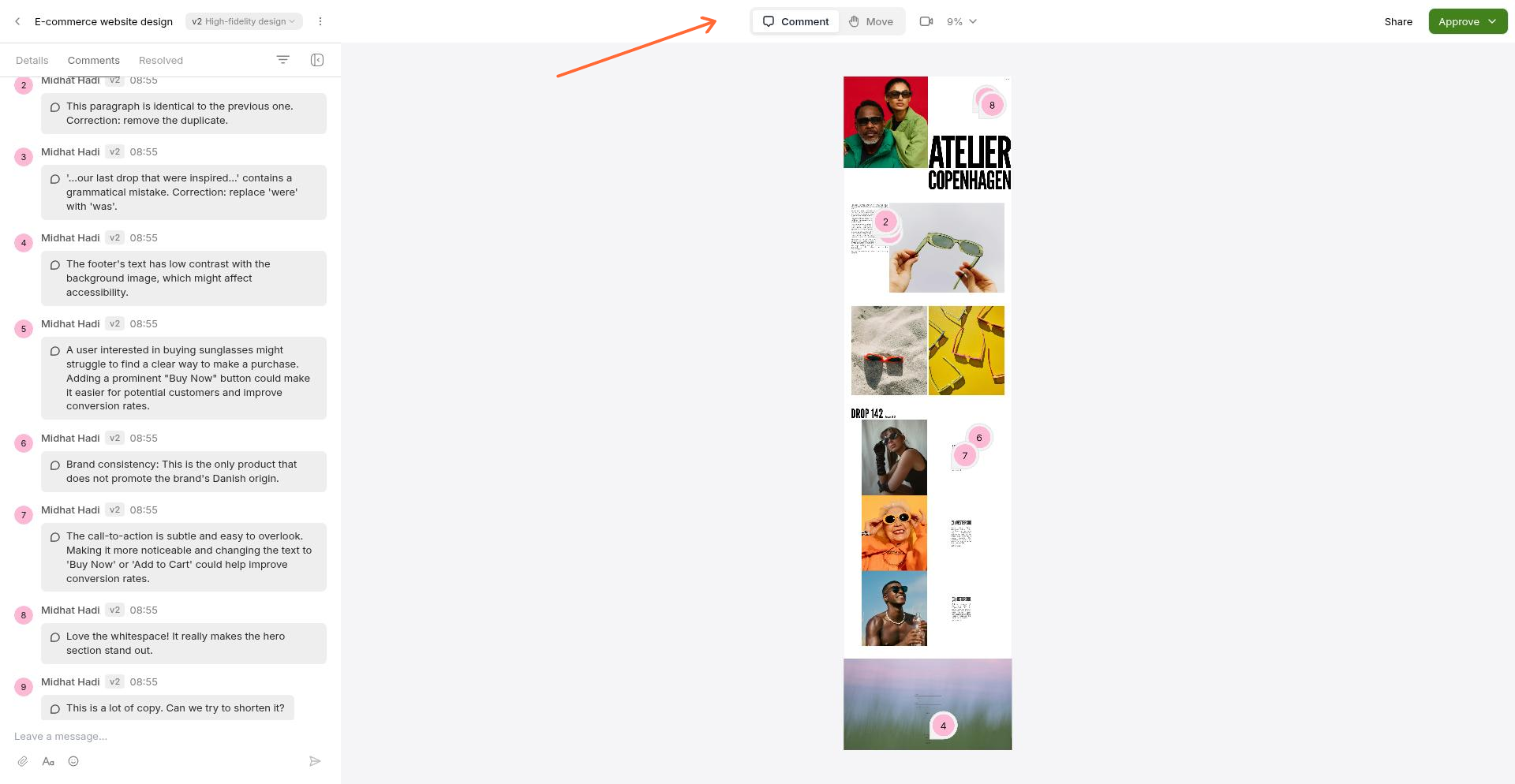 The document view shows your work with a Comment tab and a timeline of feedback below