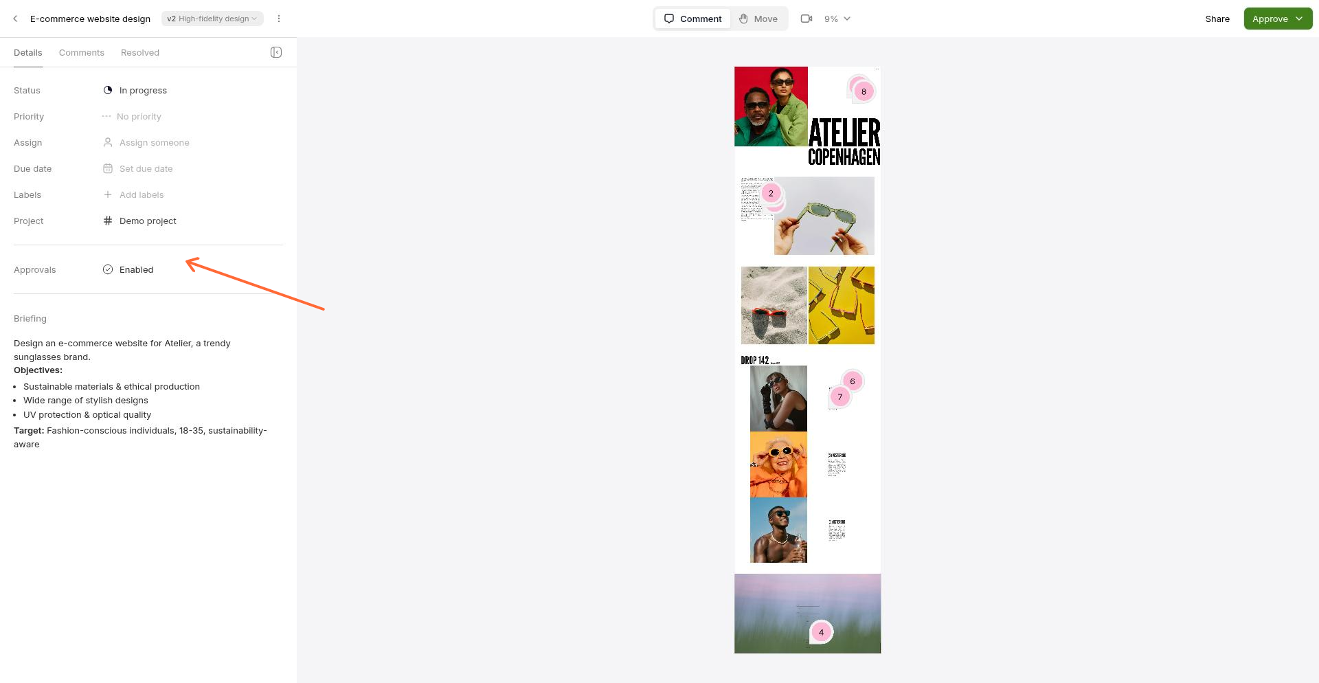 The Details tab includes an Approvals section with an Enabled toggle