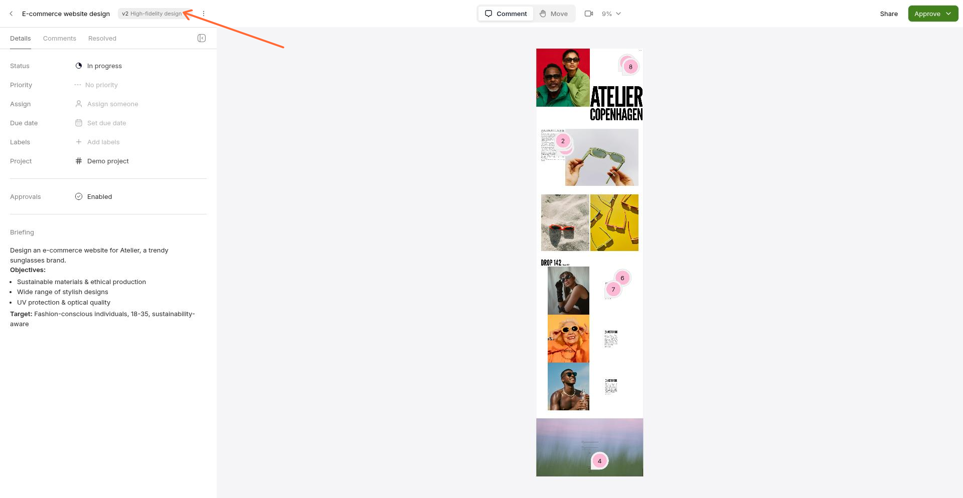 The version selector in the header shows the current version and lets you switch between versions