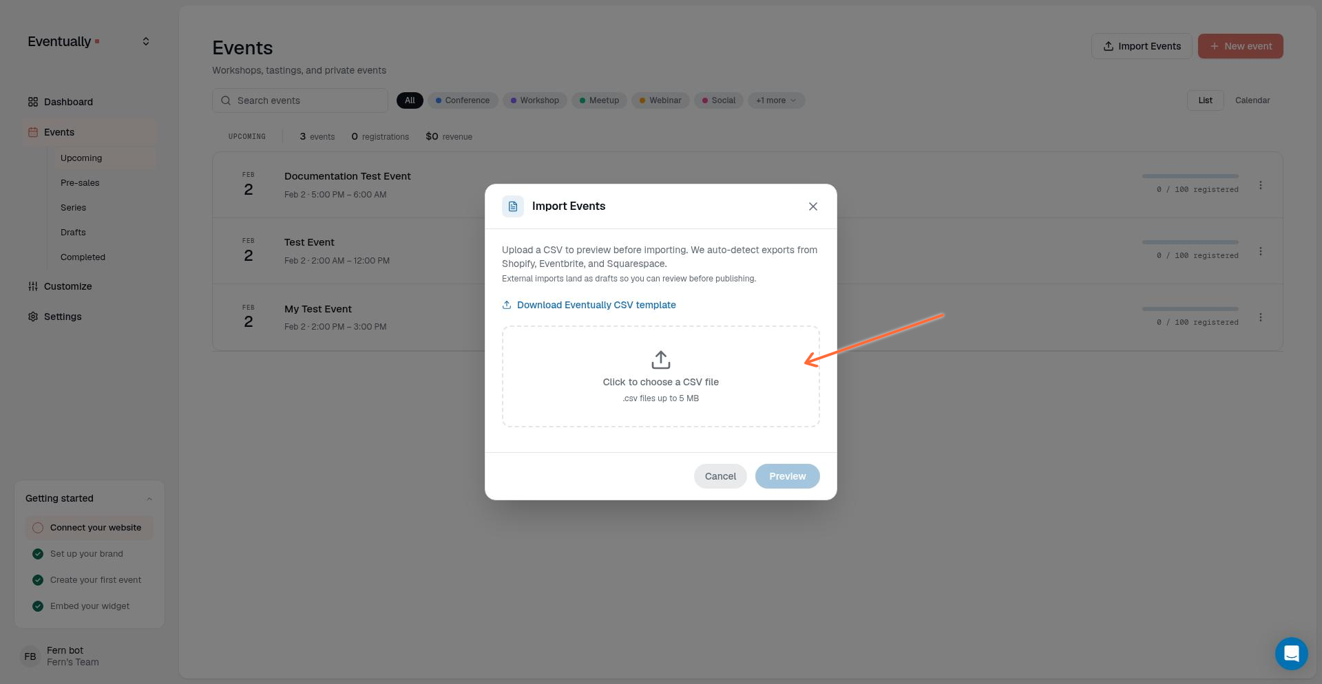 Import Events modal showing the download template button and CSV upload area