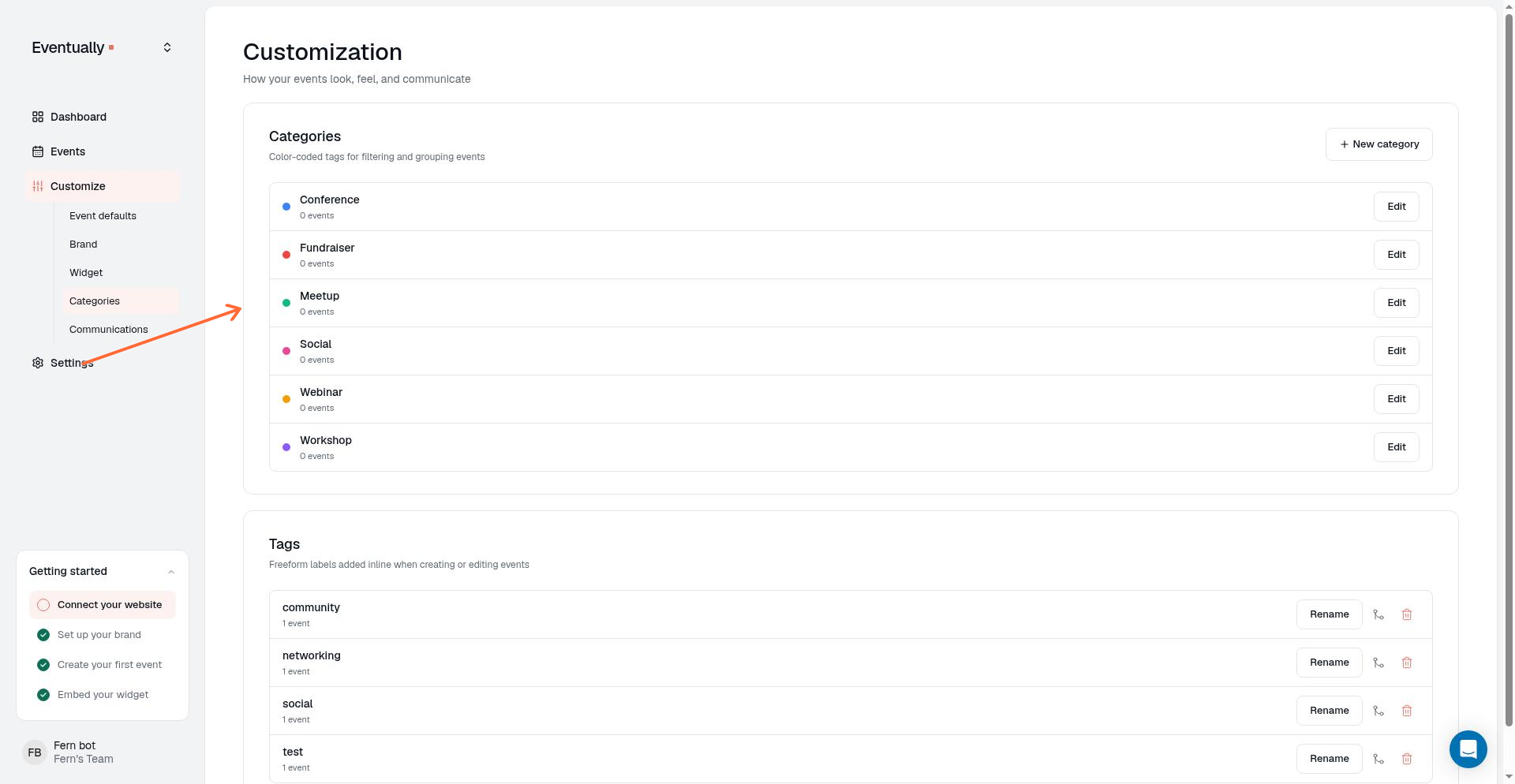 Categories page showing list of categories with color indicators, event counts, and edit buttons