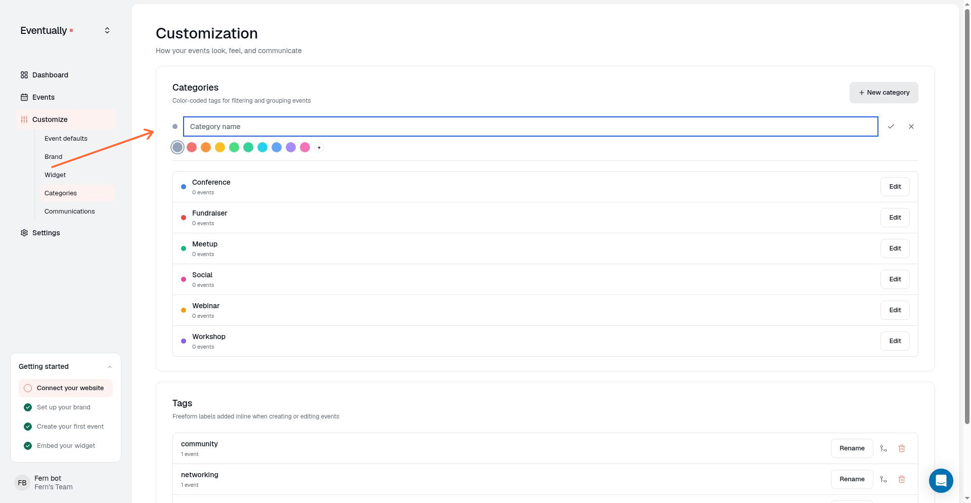 New category modal with name field and color swatches