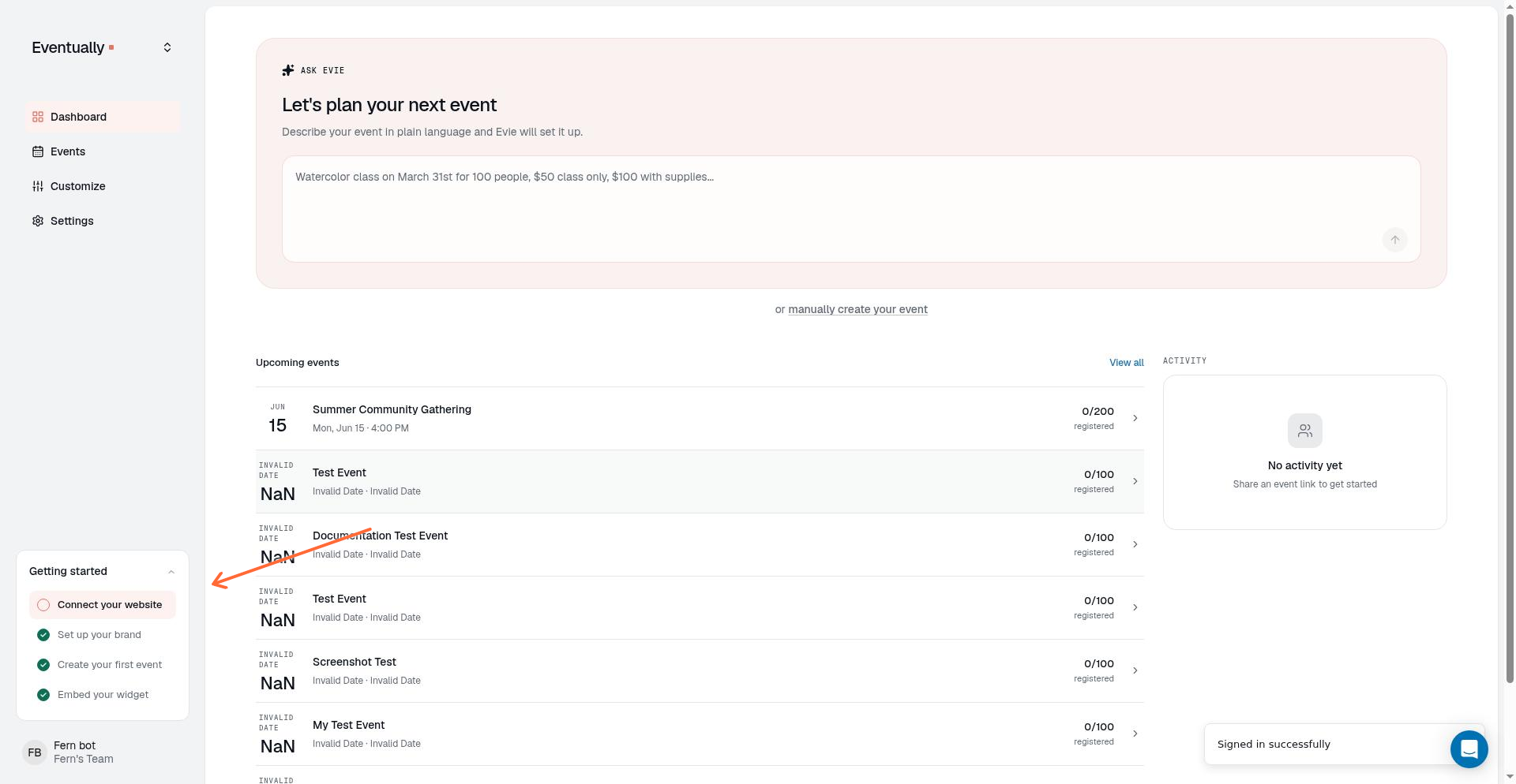 Eventually dashboard showing the Getting started section with Connect your website link