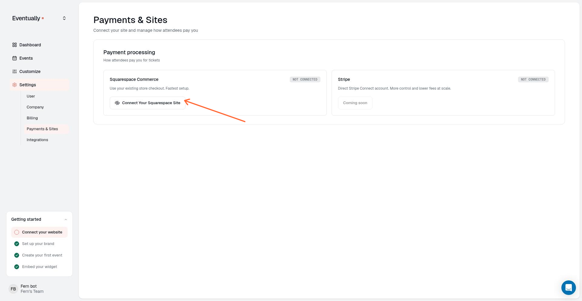 Payments & Sites settings page showing the Connect Your Squarespace Site button and NOT CONNECTED status
