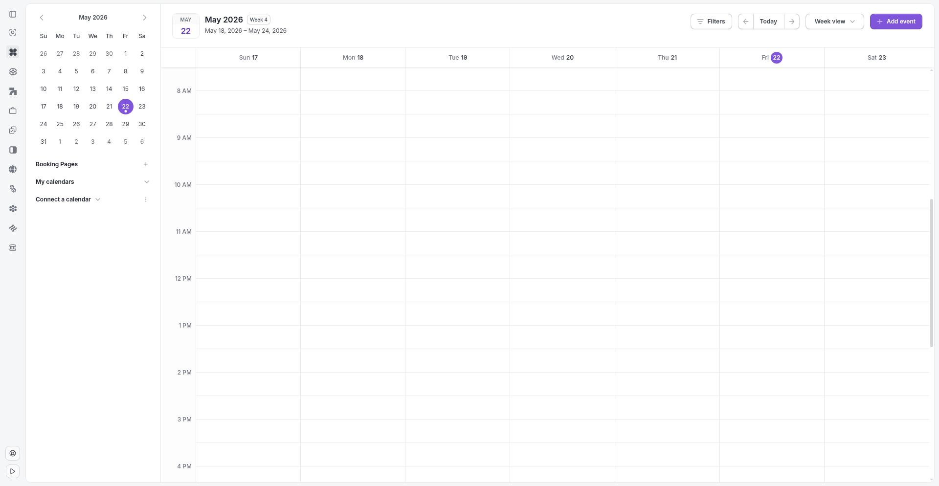 Clasp Legal calendar main view showing the weekly calendar interface with navigation sidebar and event display