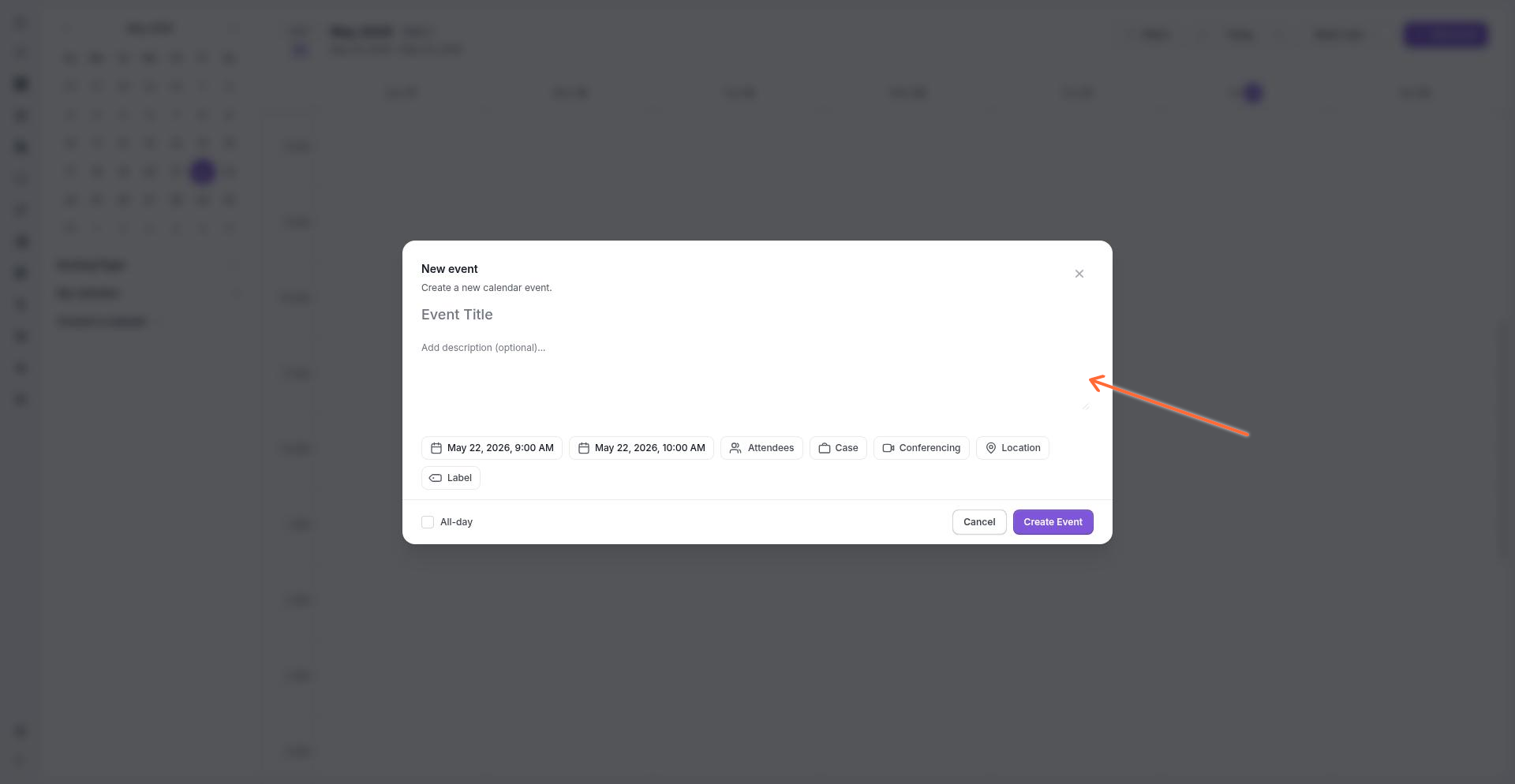 New event modal showing event creation fields including title, description, date/time, attendees, case, conferencing, and location