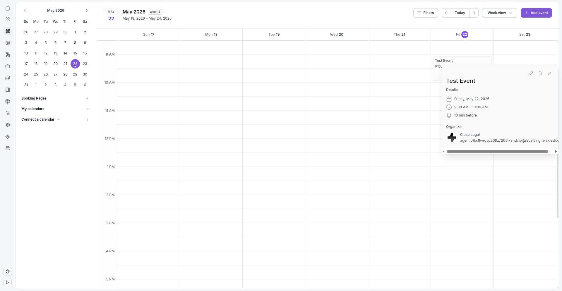 Event details modal showing Test Event with date, time, and organizer information