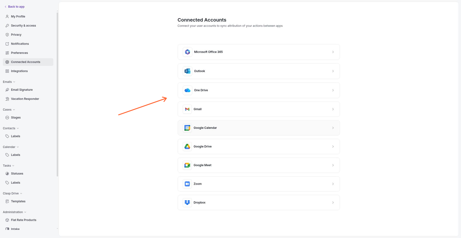 Connected Accounts settings page showing Outlook and Google Calendar integration options