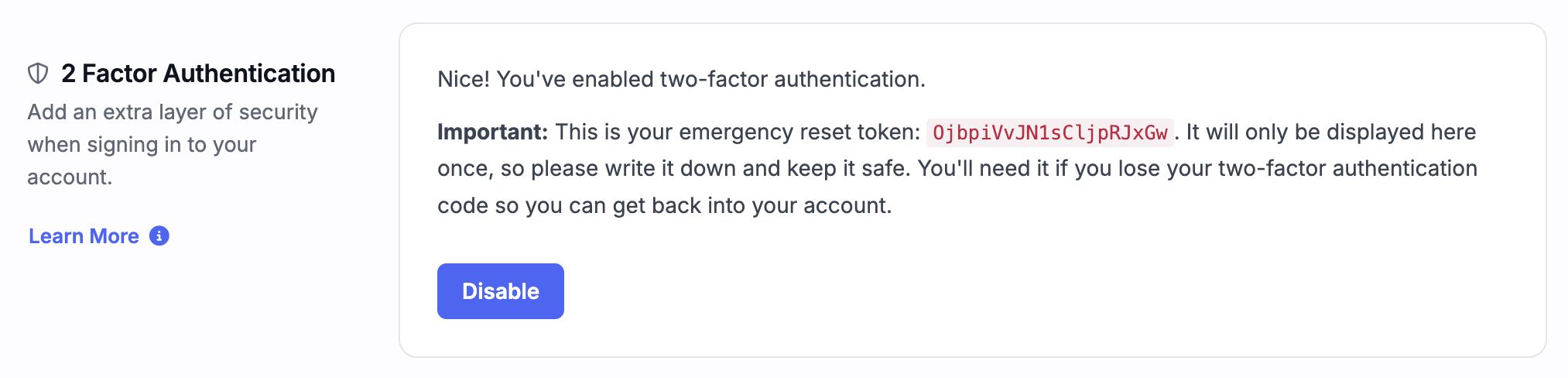 2FA enabled with emergency reset token