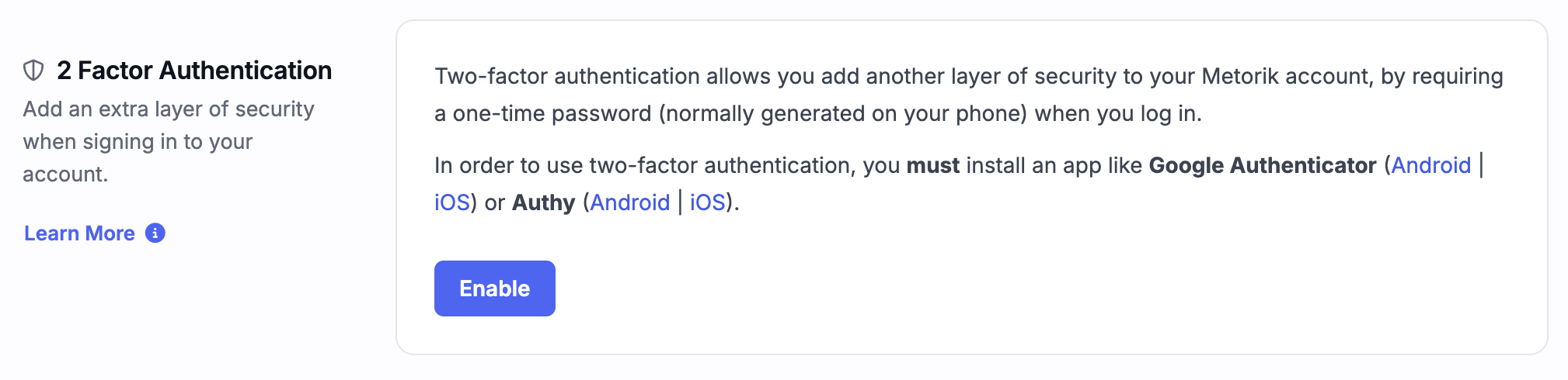 2FA settings panel in Metorik