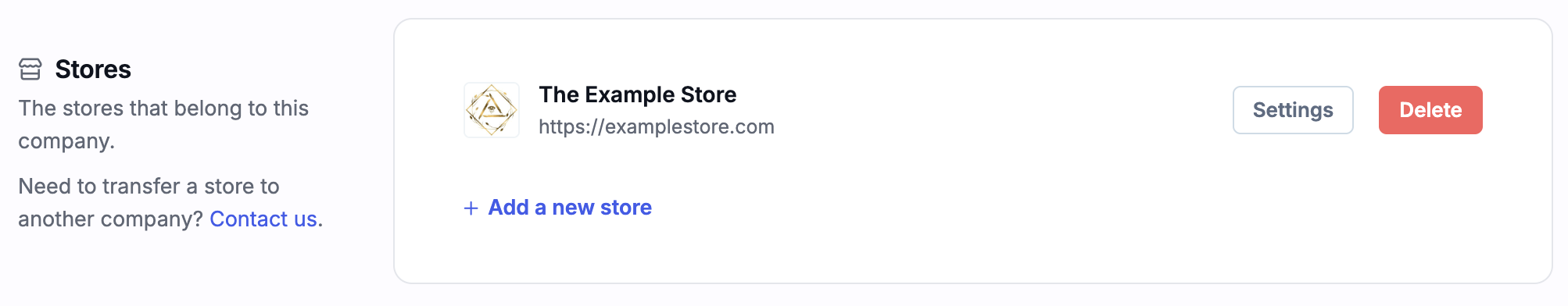 Stores section showing delete button