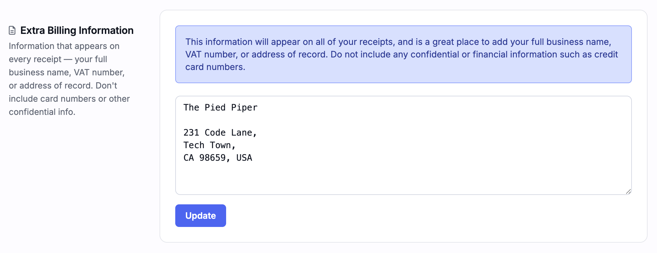 Company invoice settings page