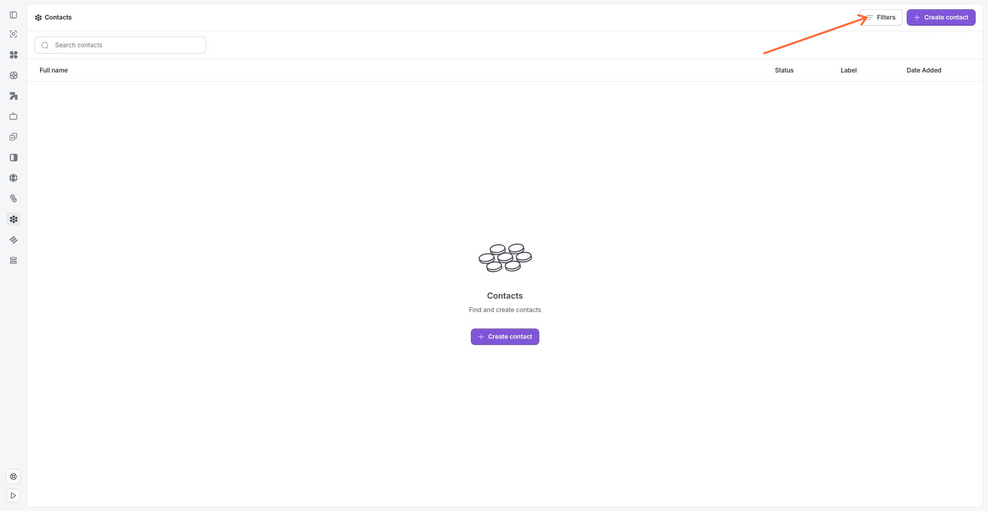 Contacts list page with Create contact button