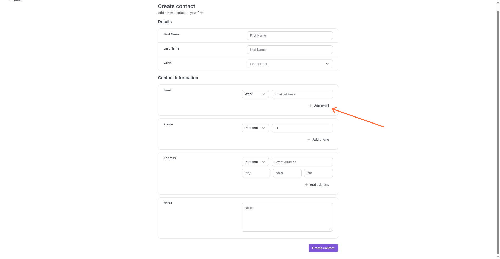 Create contact form with fields for First Name, Last Name, Email, Phone, and Address