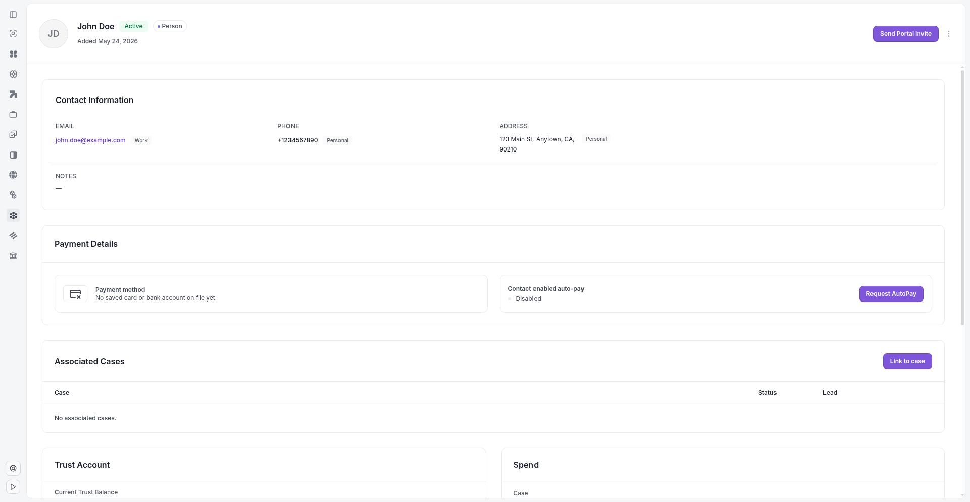 Contact detail page showing contact information and sections