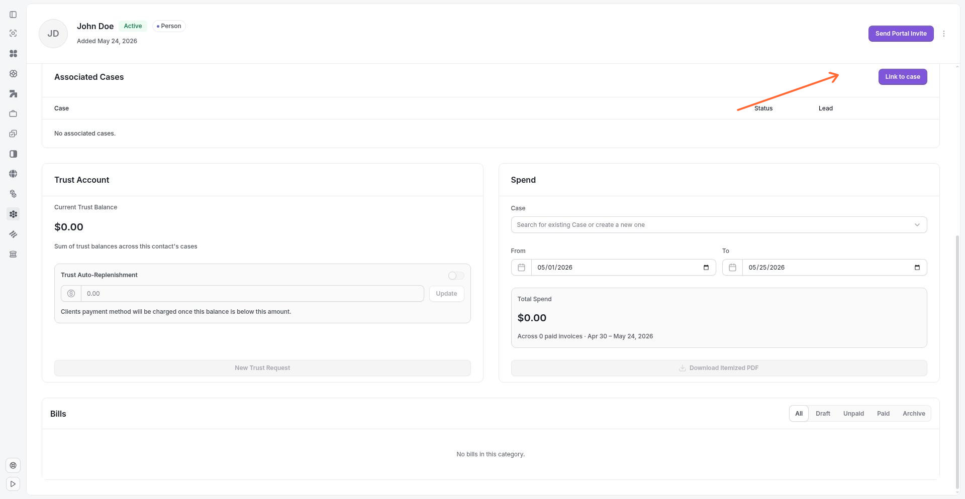 Associated Cases section with Link to case button