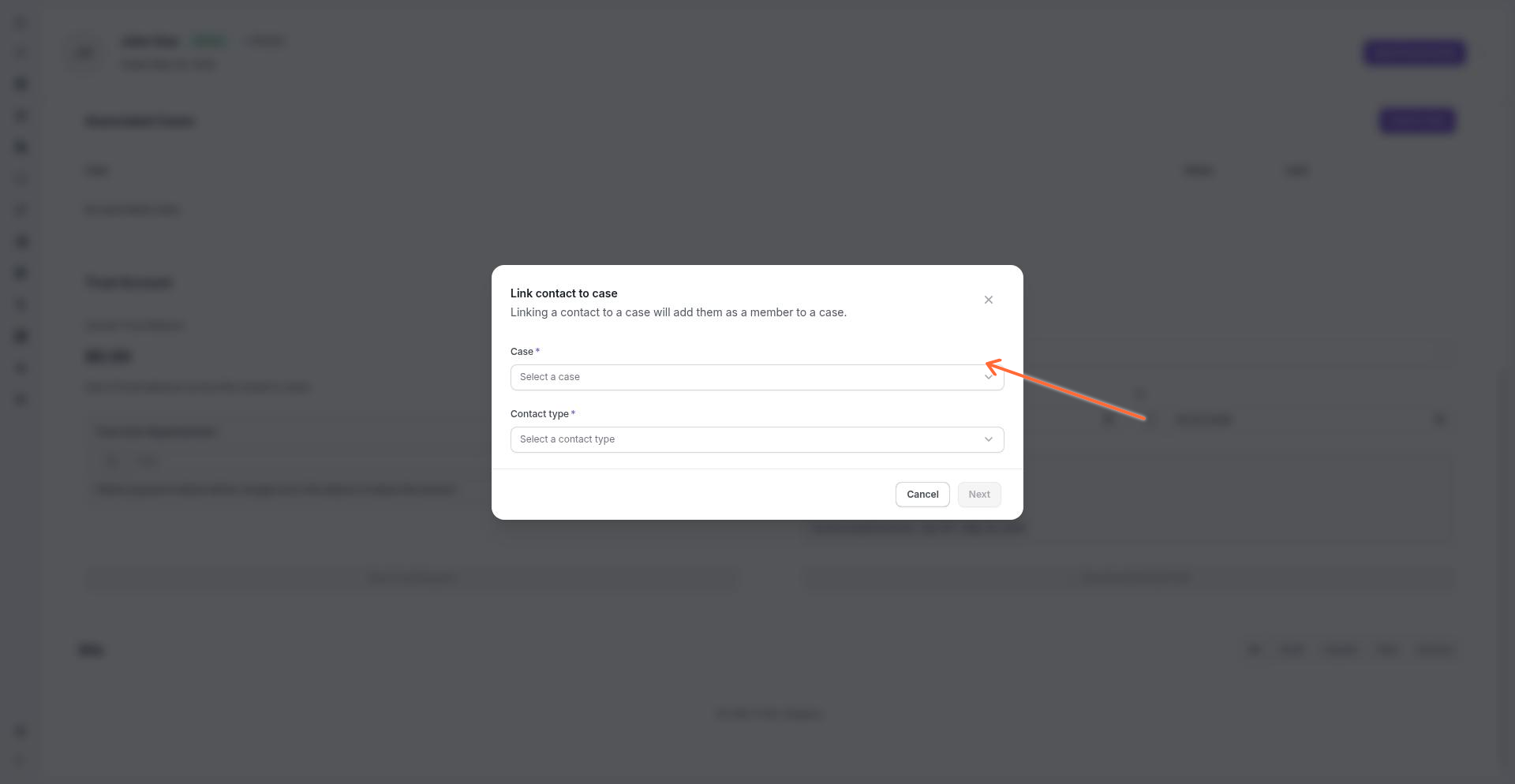 Link to case dialog showing case selector and Primary/Associated Contact role options