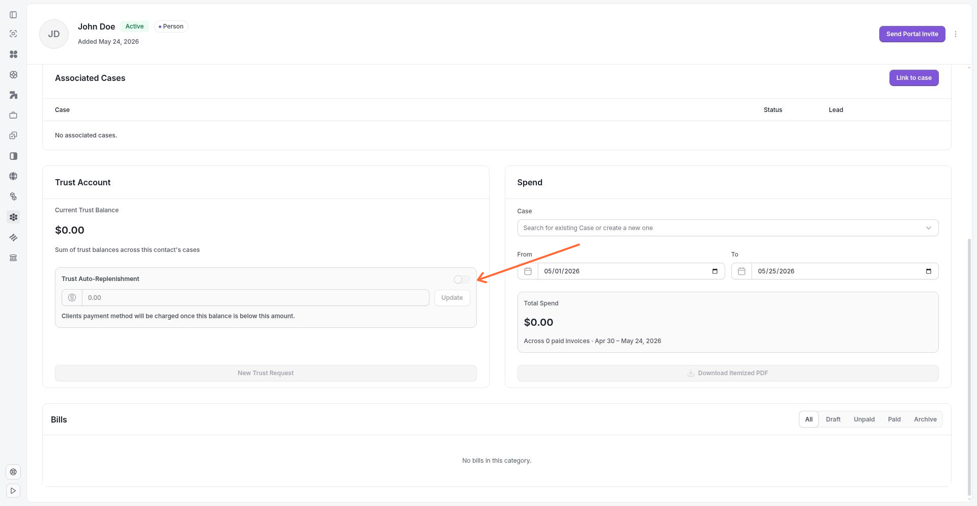 Trust Account section showing Current Trust Balance and New Trust Request button