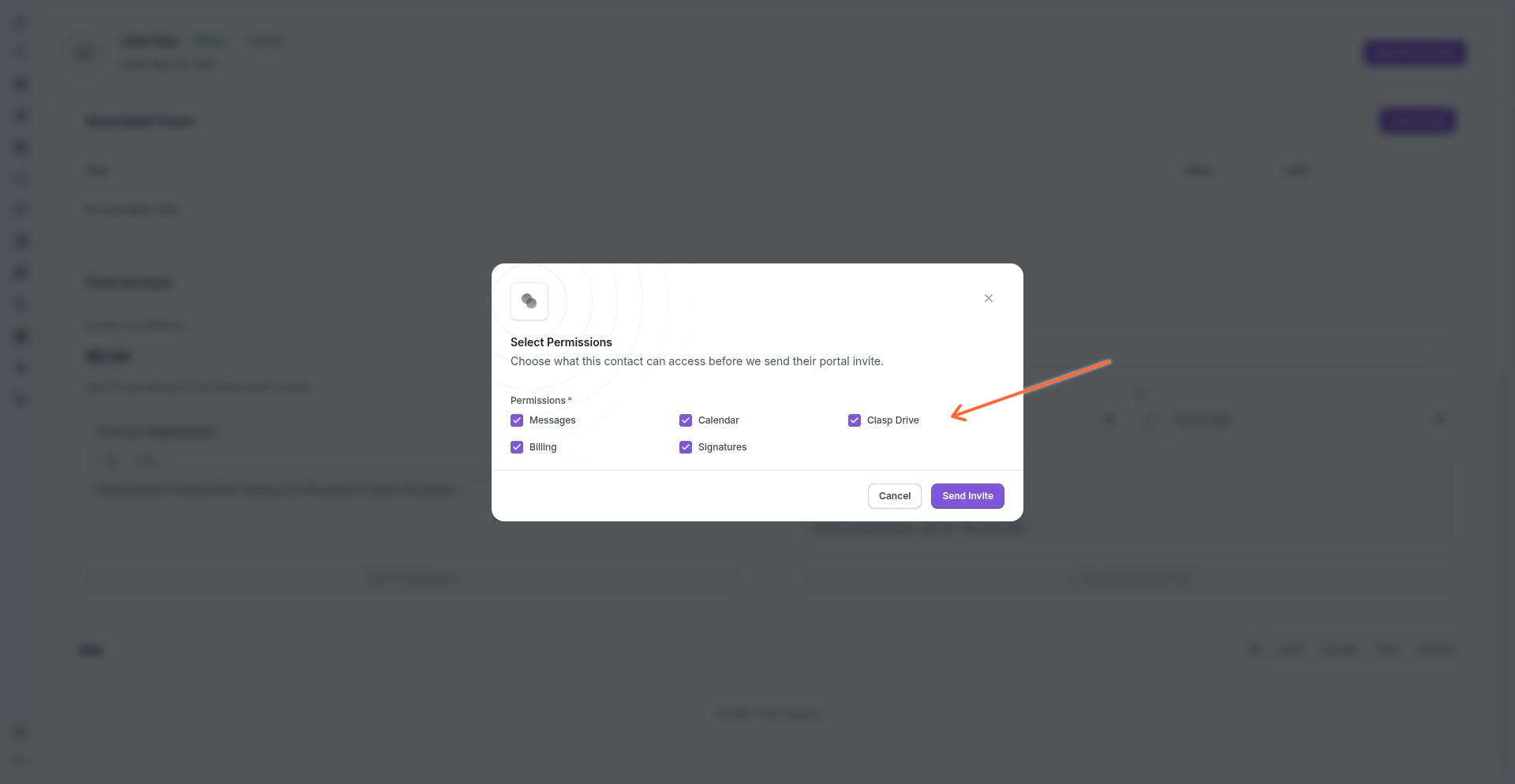 Portal permissions modal with checkboxes for Messages, Calendar, Clasp Drive, Billing, and Signatures
