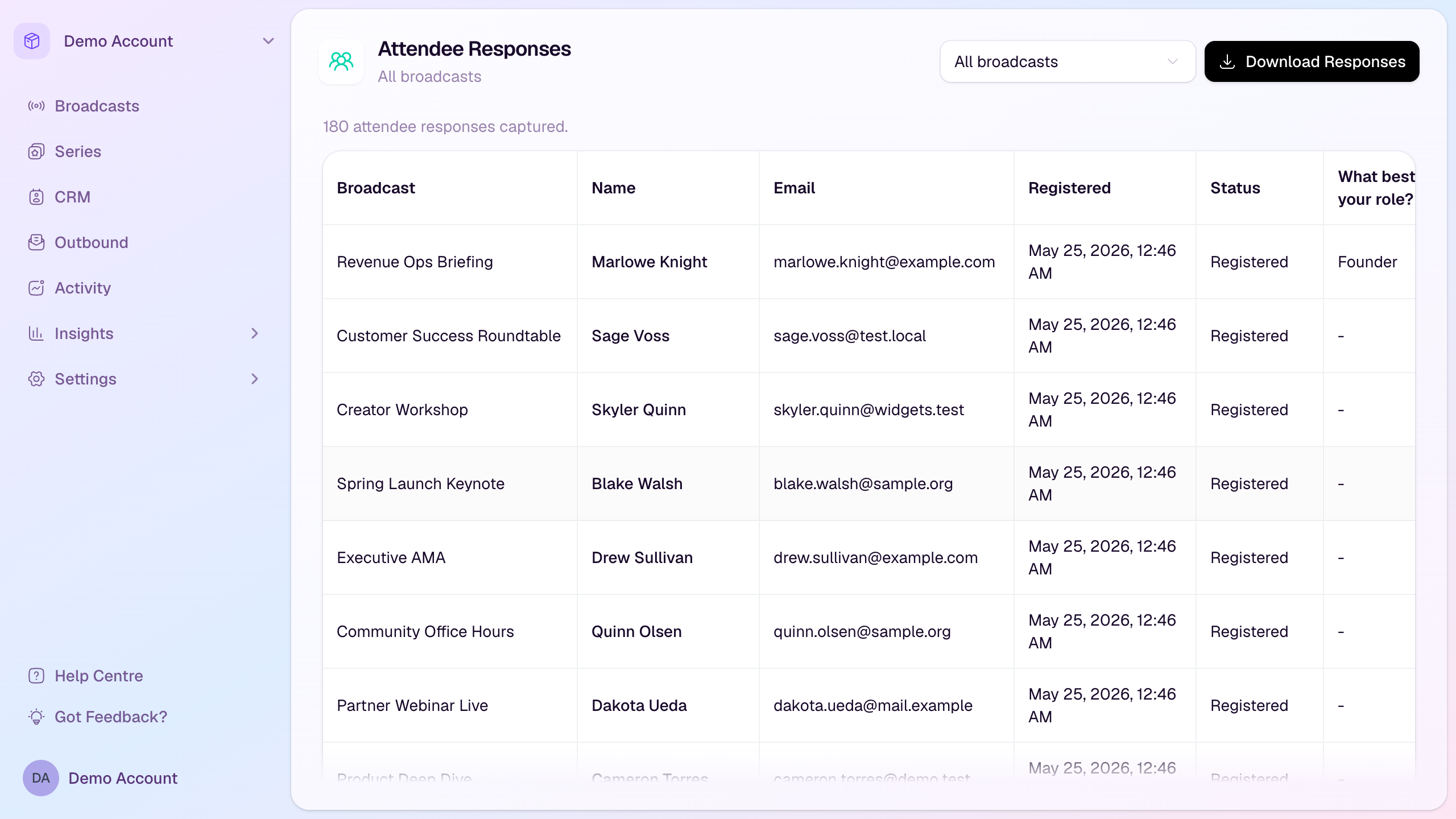 Workspace attendee responses table with all-broadcast filtering and CSV download
