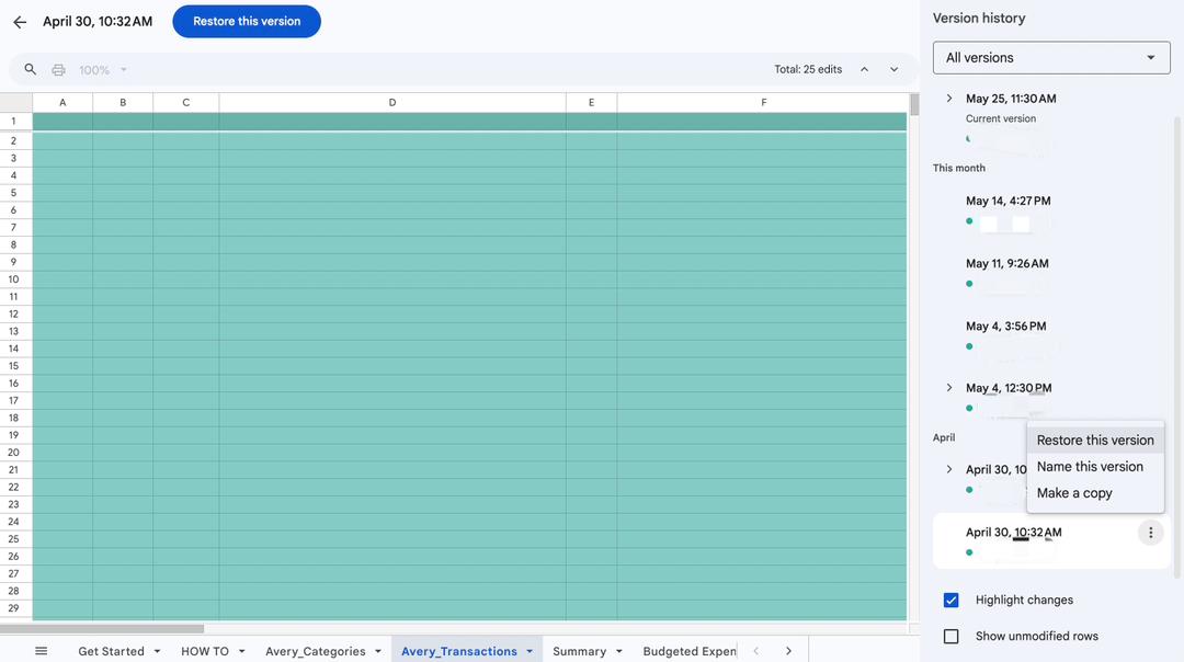 Version history sidebar showing list of saved versions