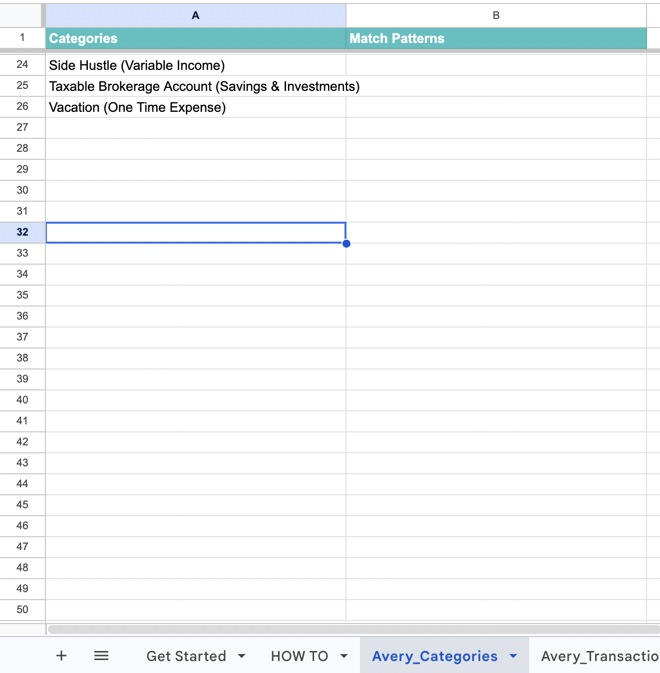 Avery_Categories tab showing properly formatted additional income categories