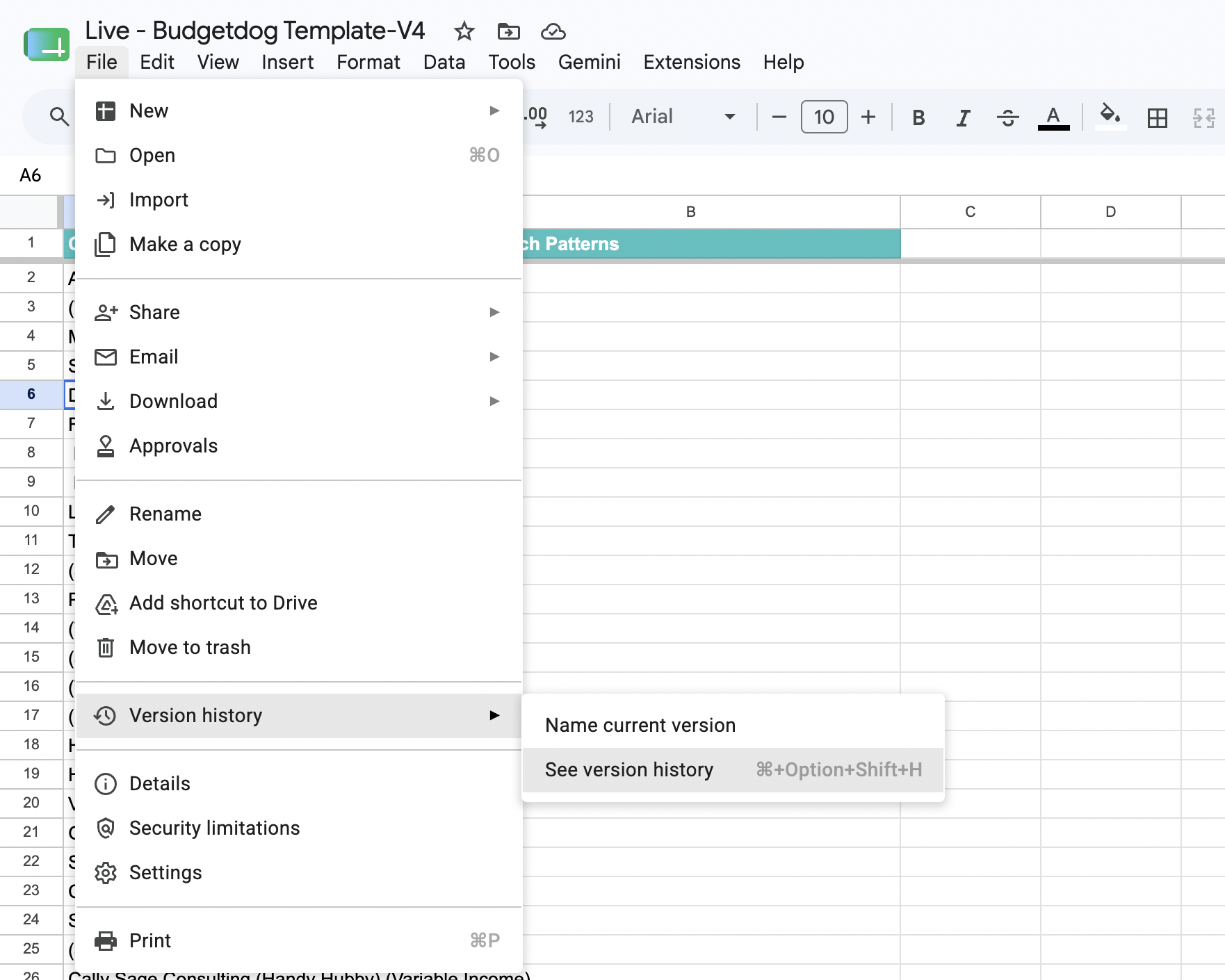 Google Sheets File menu showing Version history options