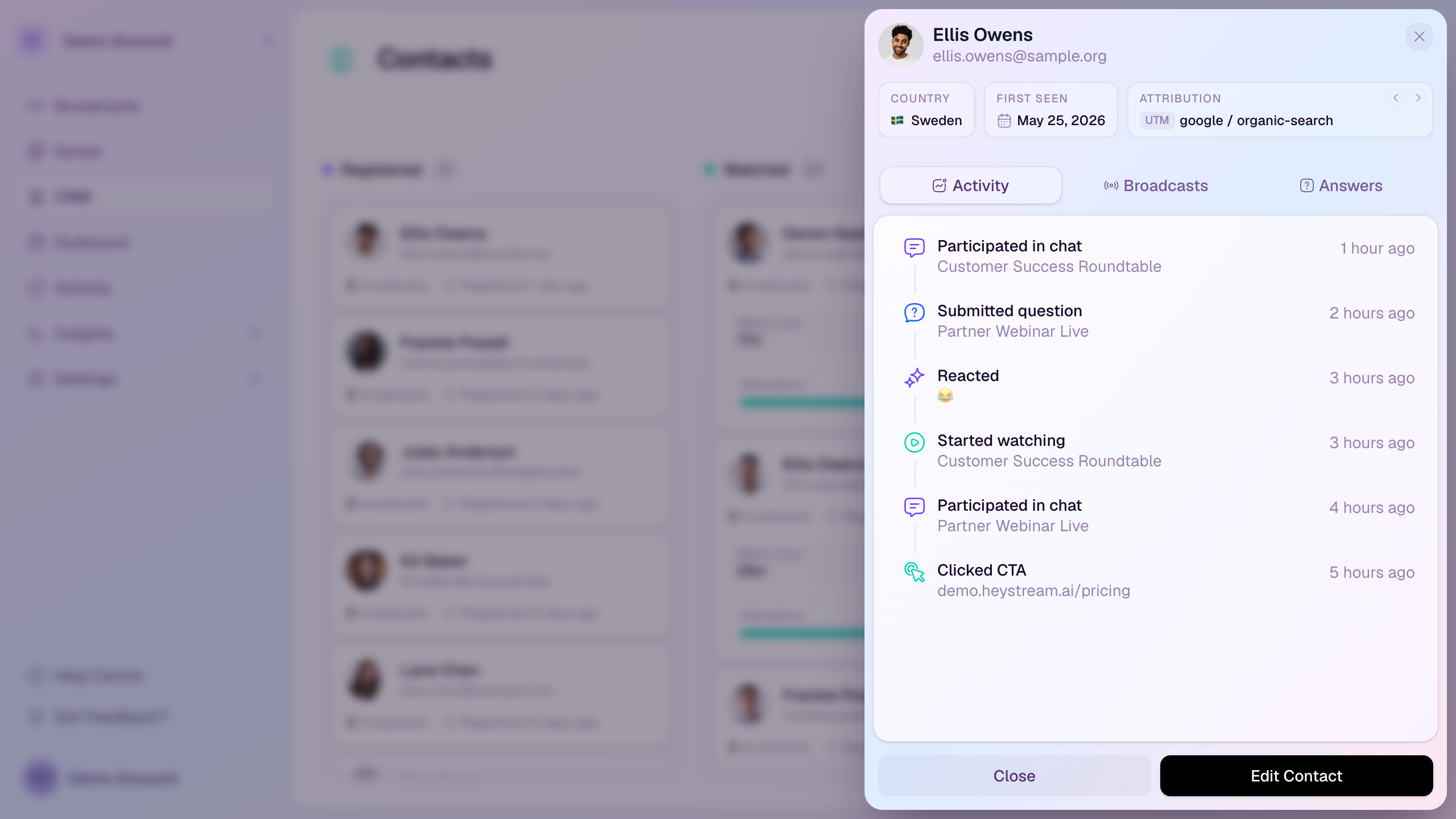 A HeyStream contact profile drawer with Activity selected and the Answers tab available