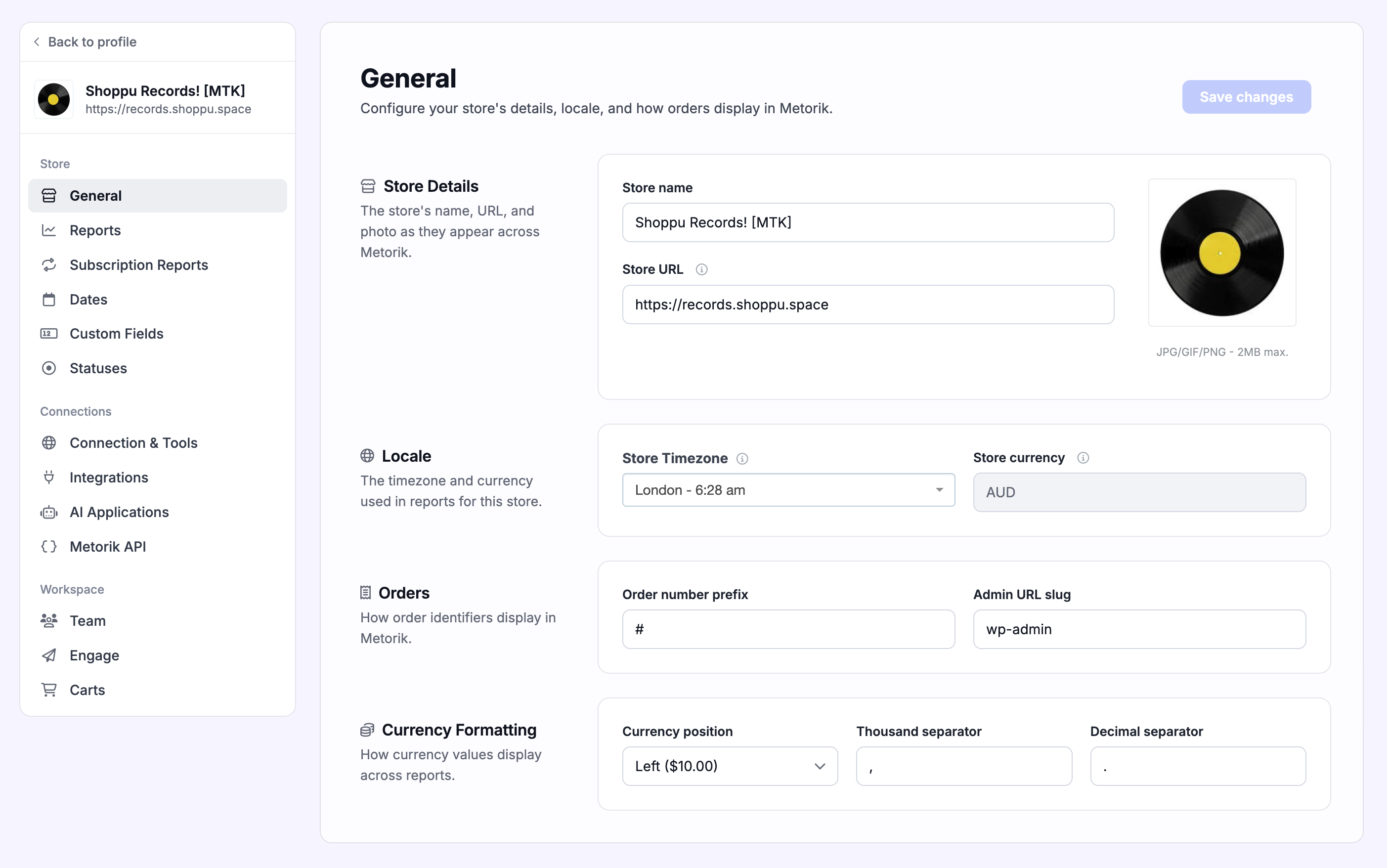 Store settings page in Metorik