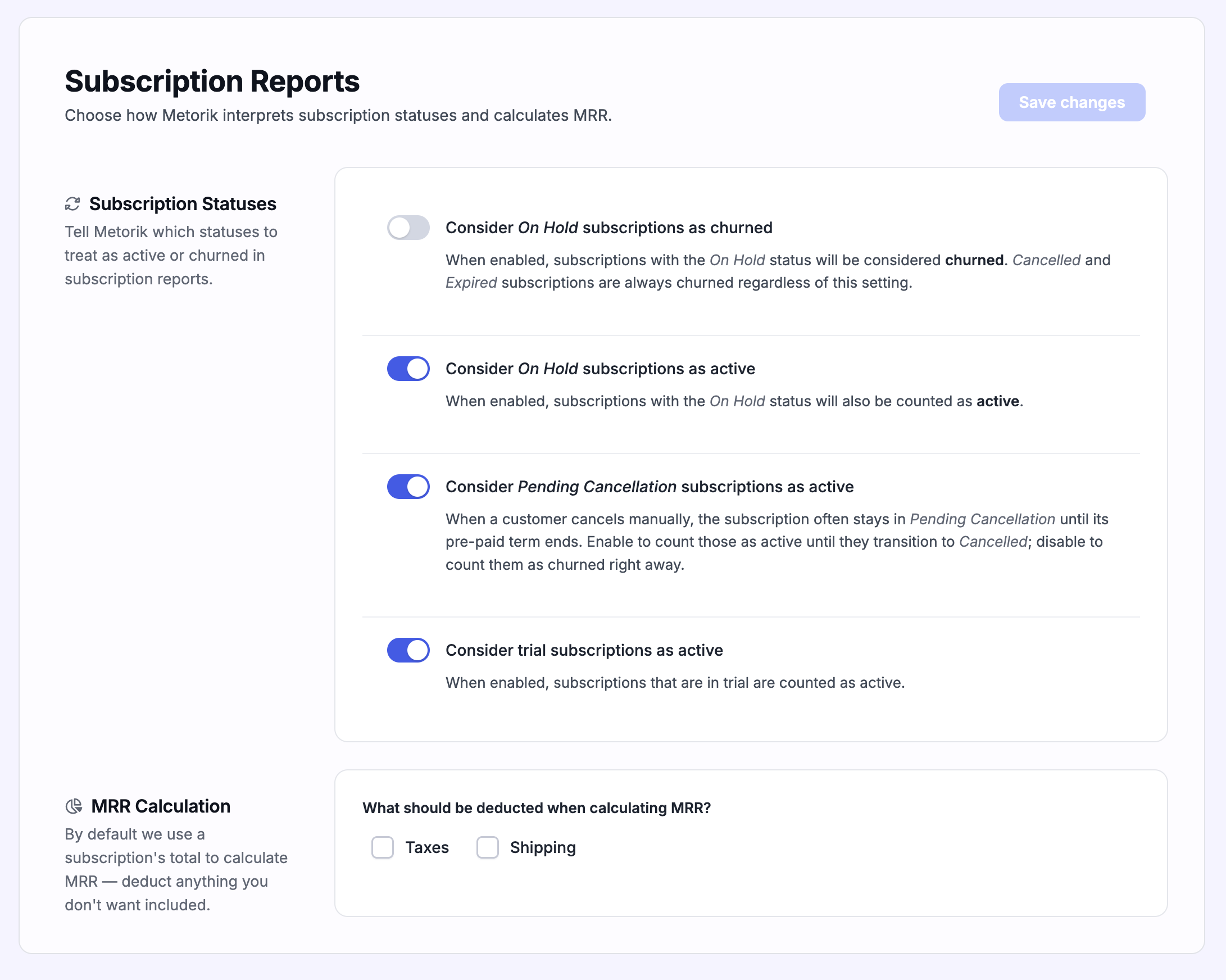 Subscription report settings page in Metorik