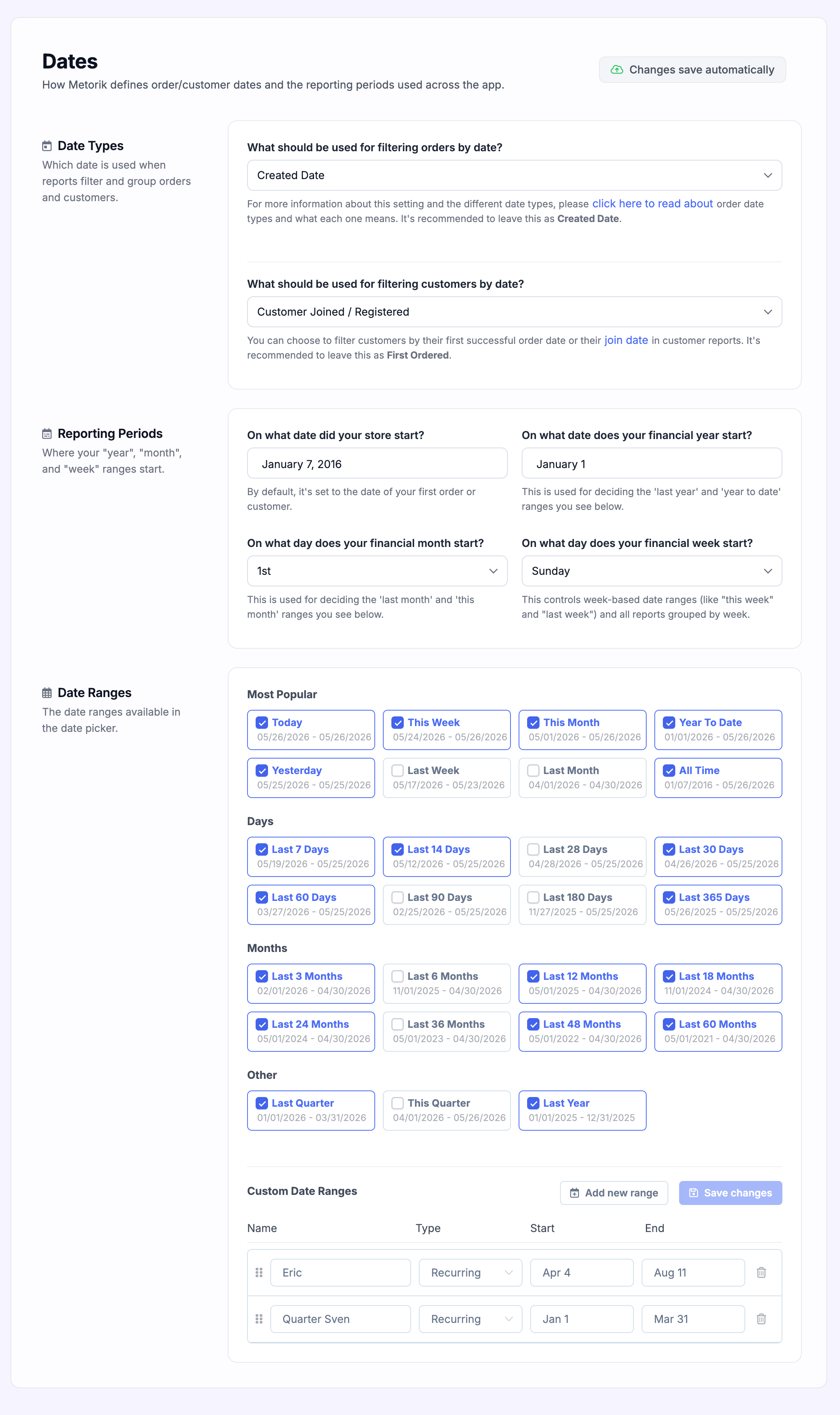 Date settings page in Metorik