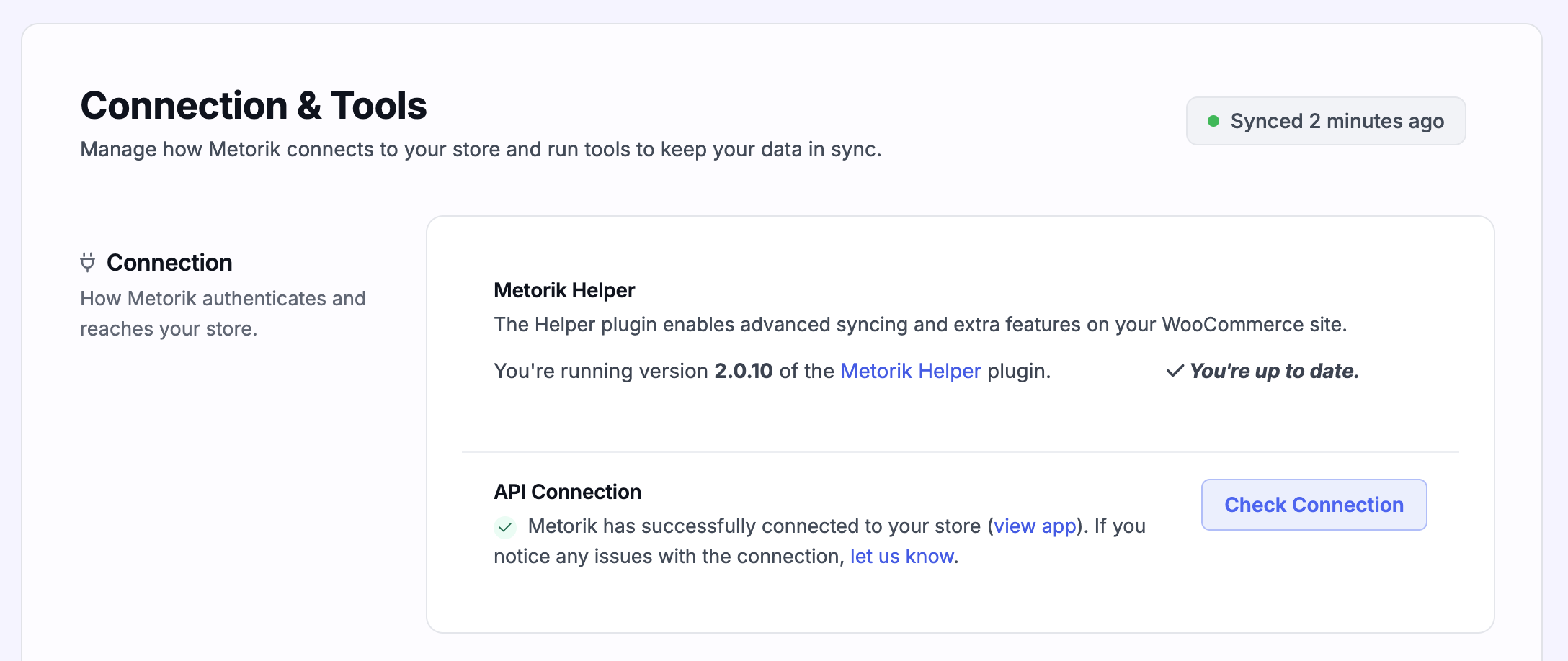 Connection and tools page in Metorik