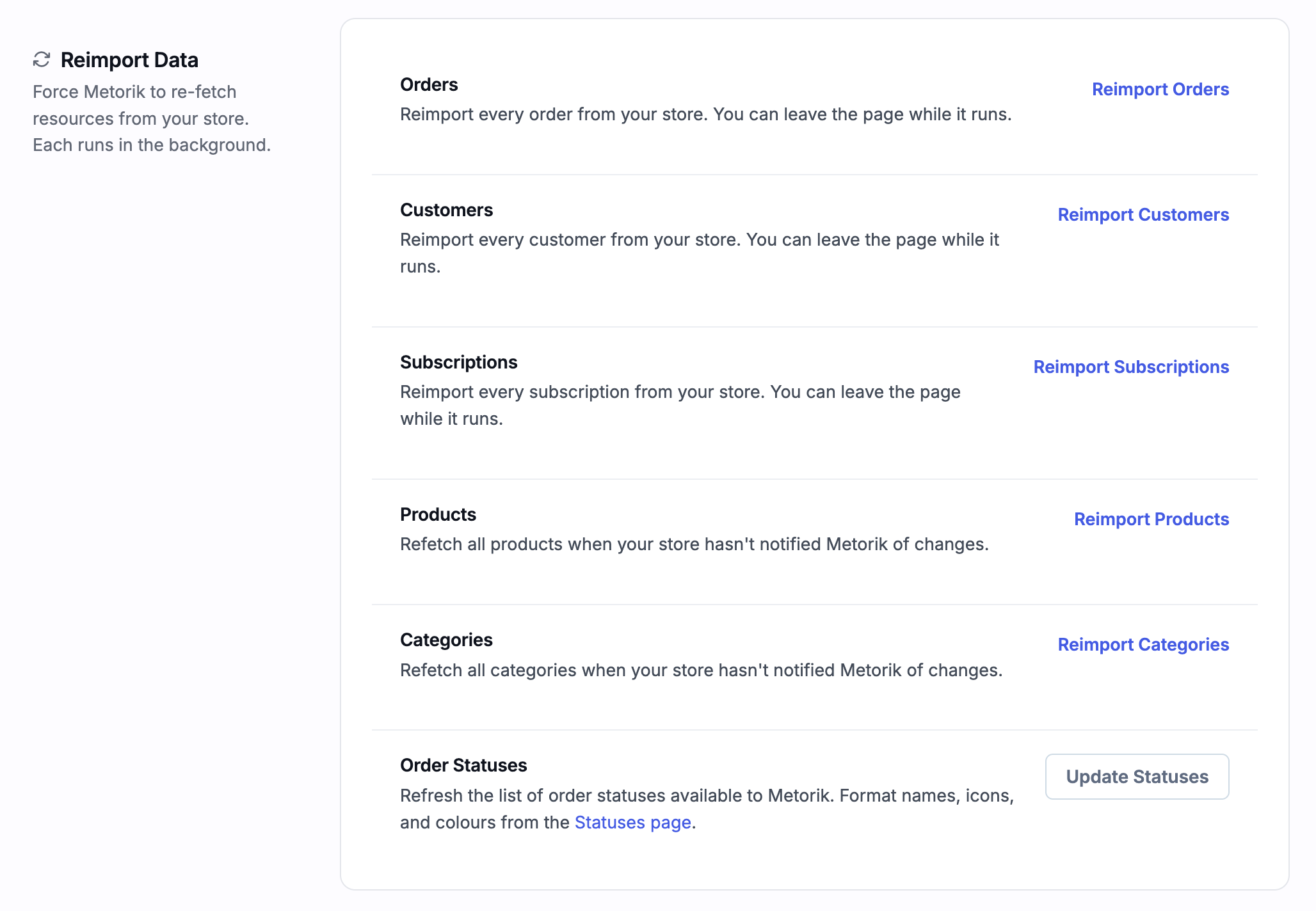 Tools available in Metorik