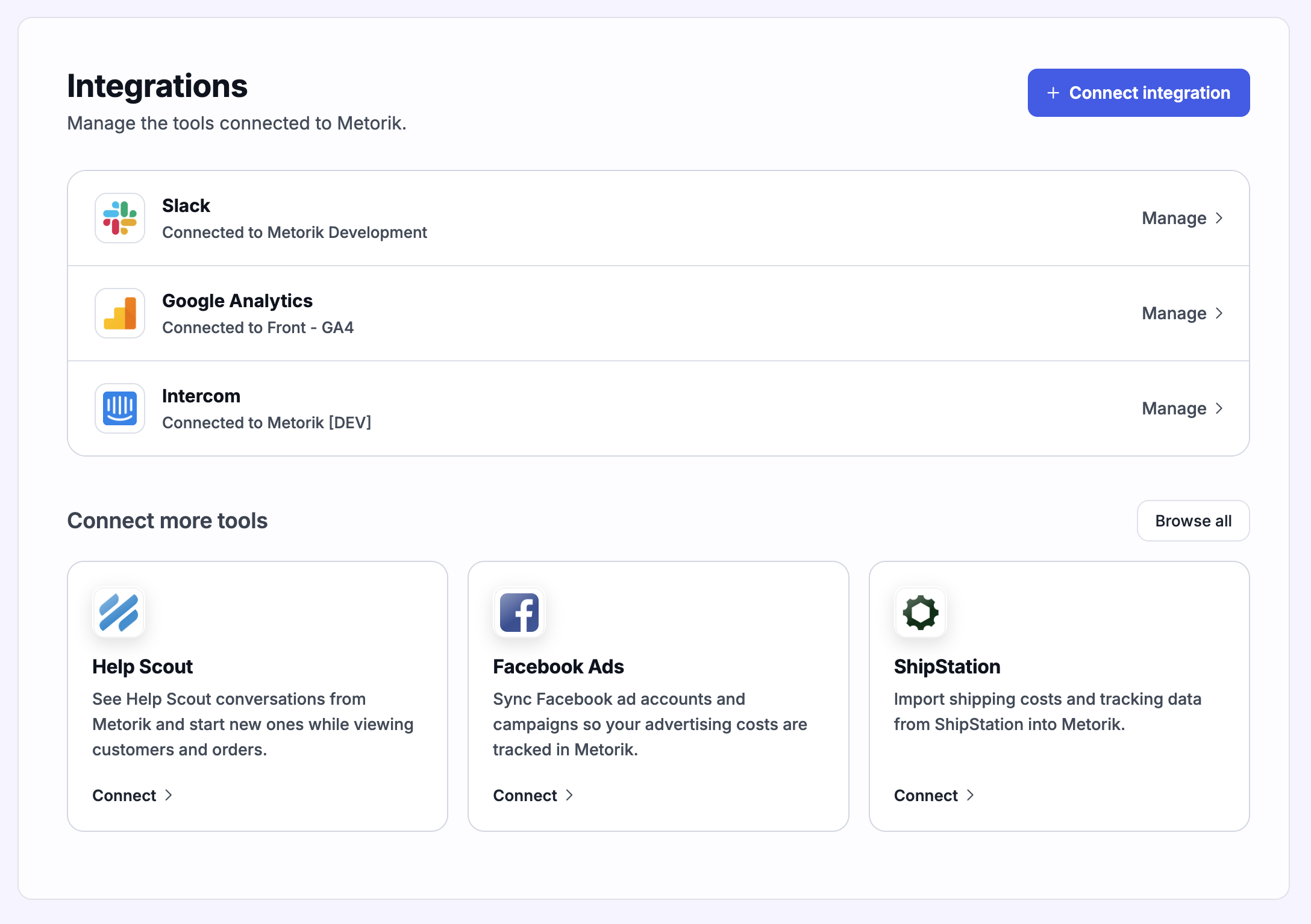 Integrations page in Metorik