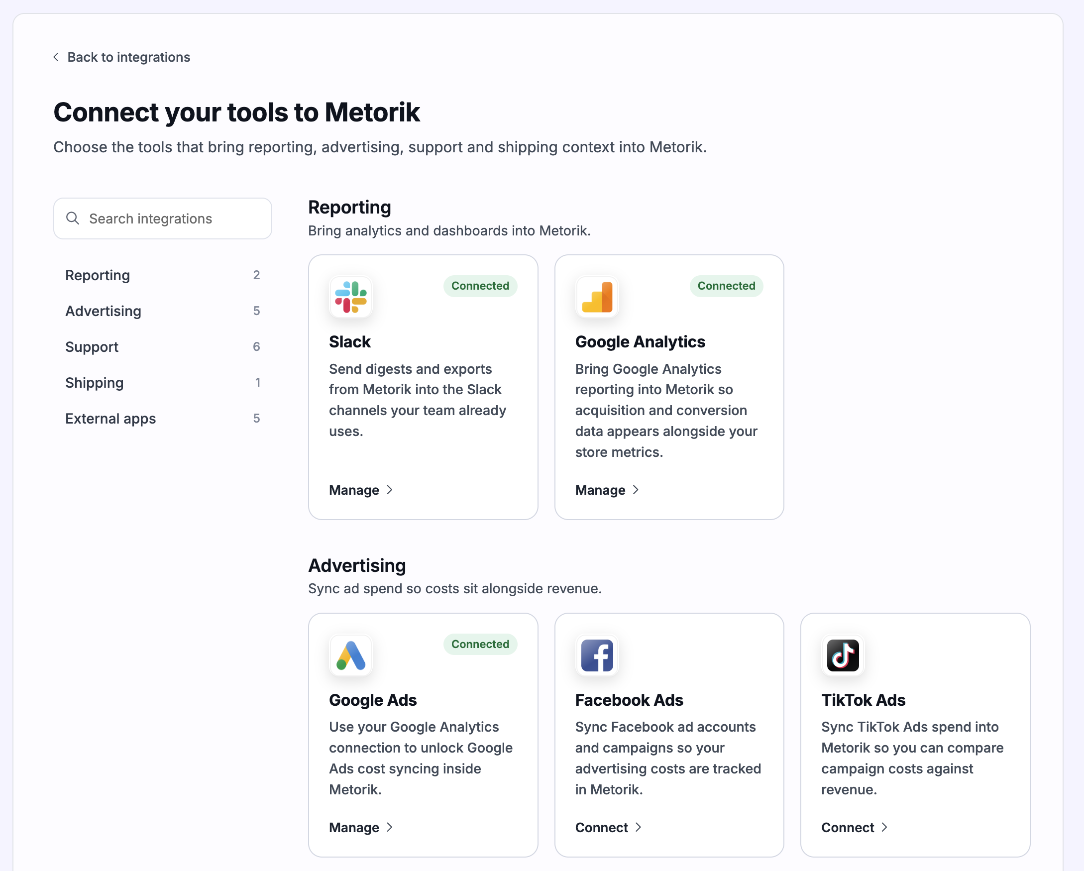 Connect integration button in Metorik