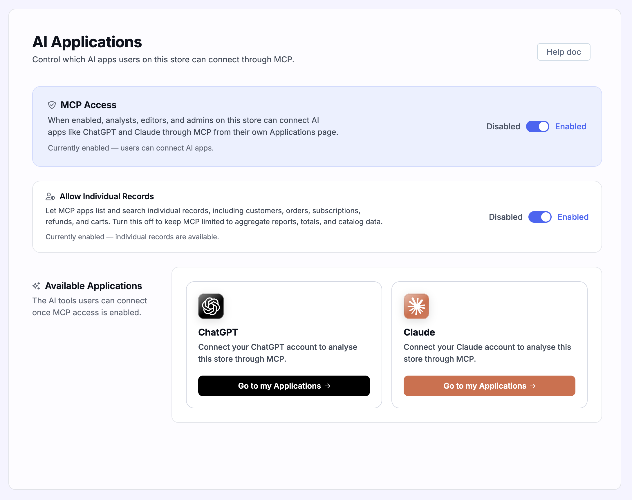 AI Applications settings page in Metorik