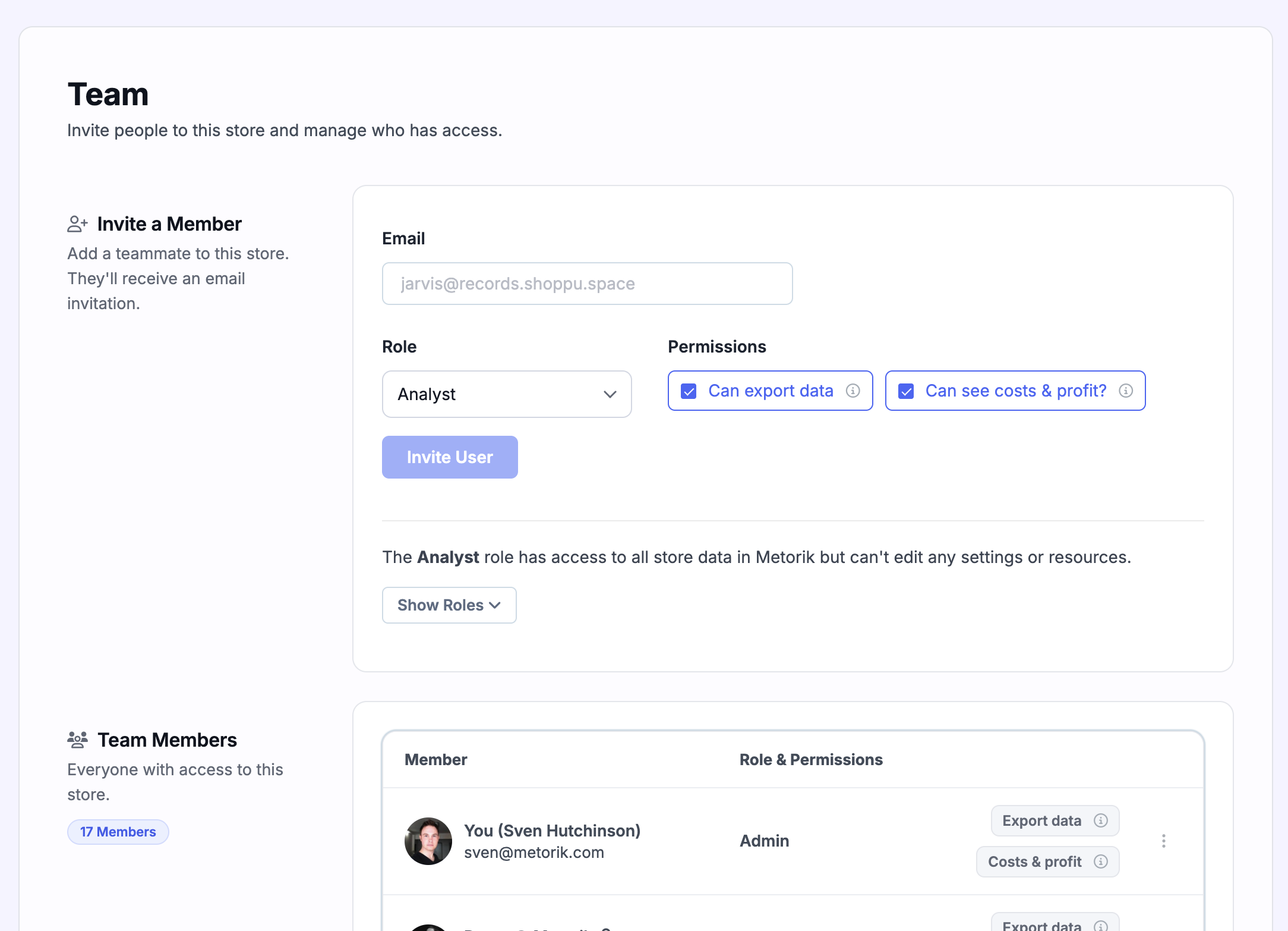 Manage team page in Metorik