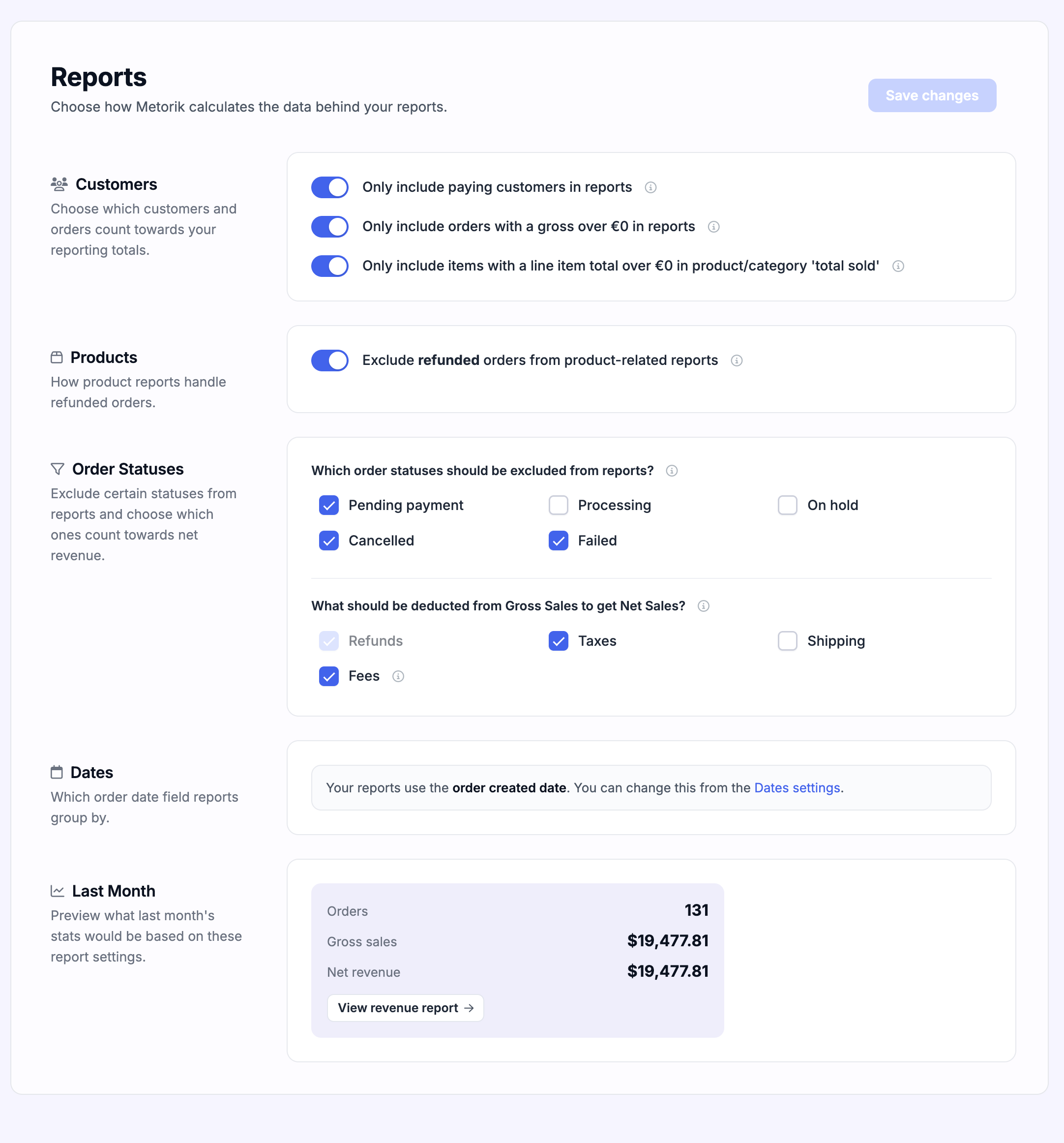 Report settings page in Metorik