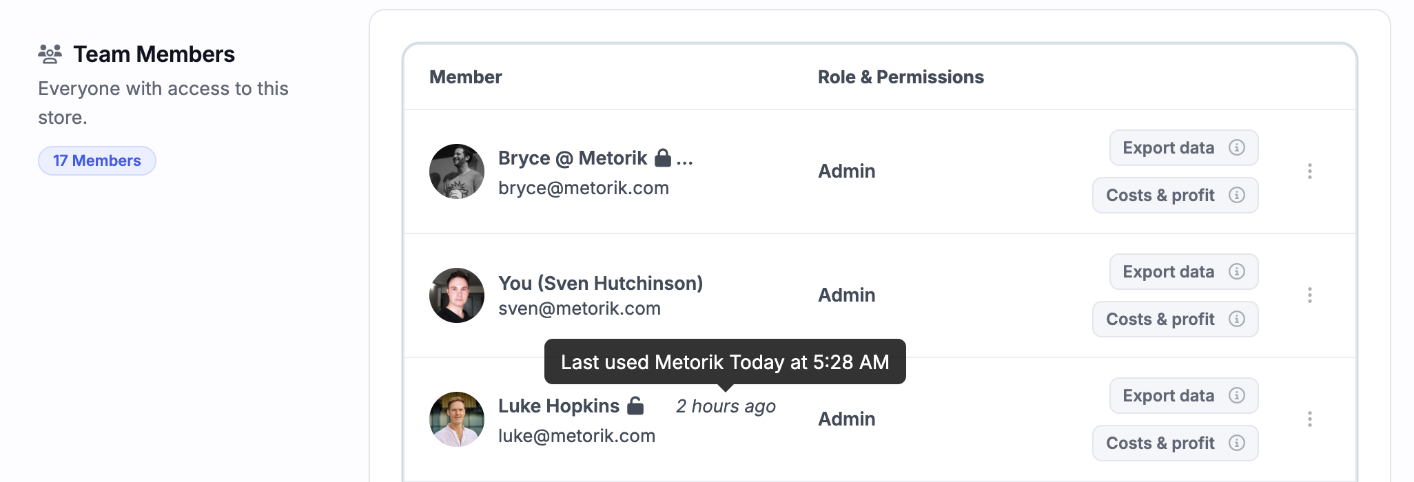 Team members list showing roles and permissions