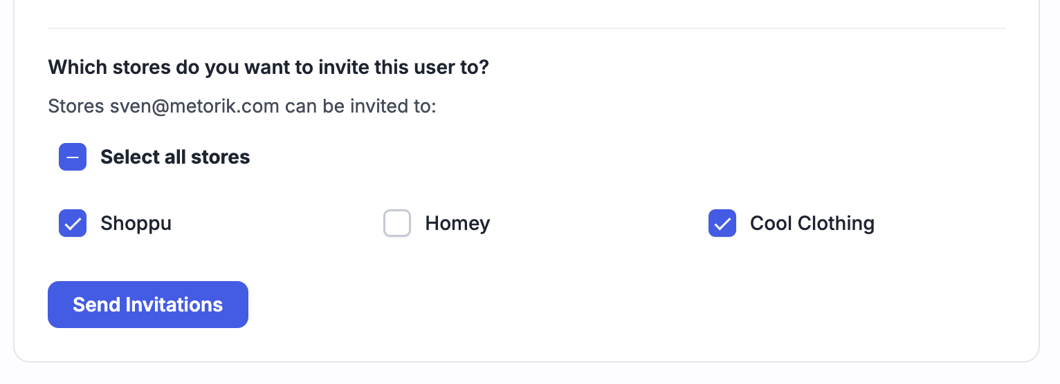 Select stores to invite the user to