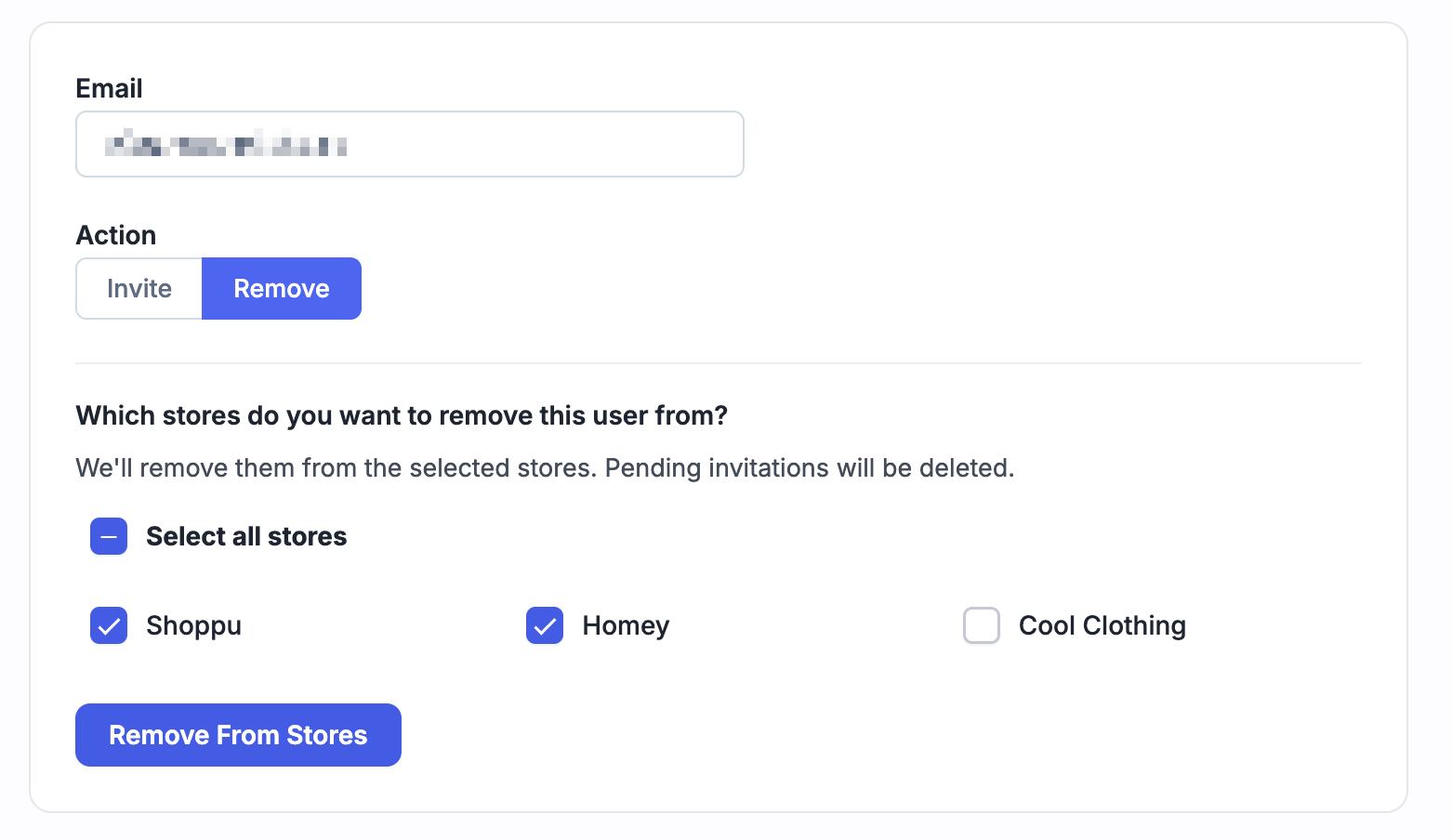 Select stores to remove the user from