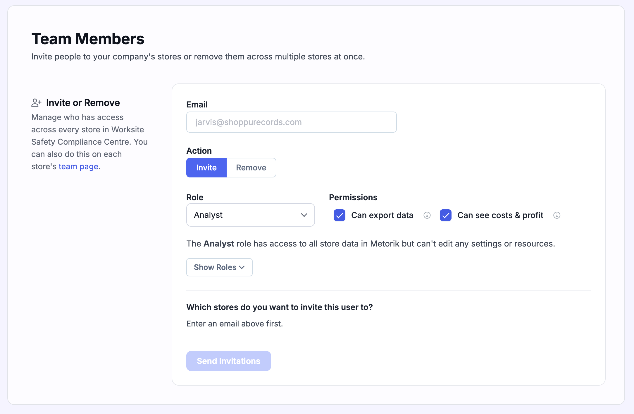 Team members management page