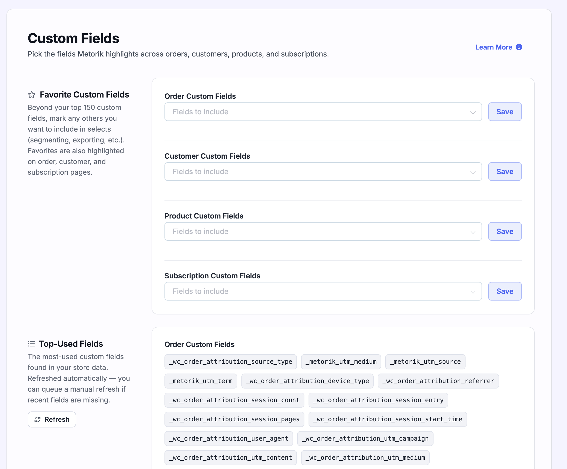 Custom fields settings page showing favorite fields configuration