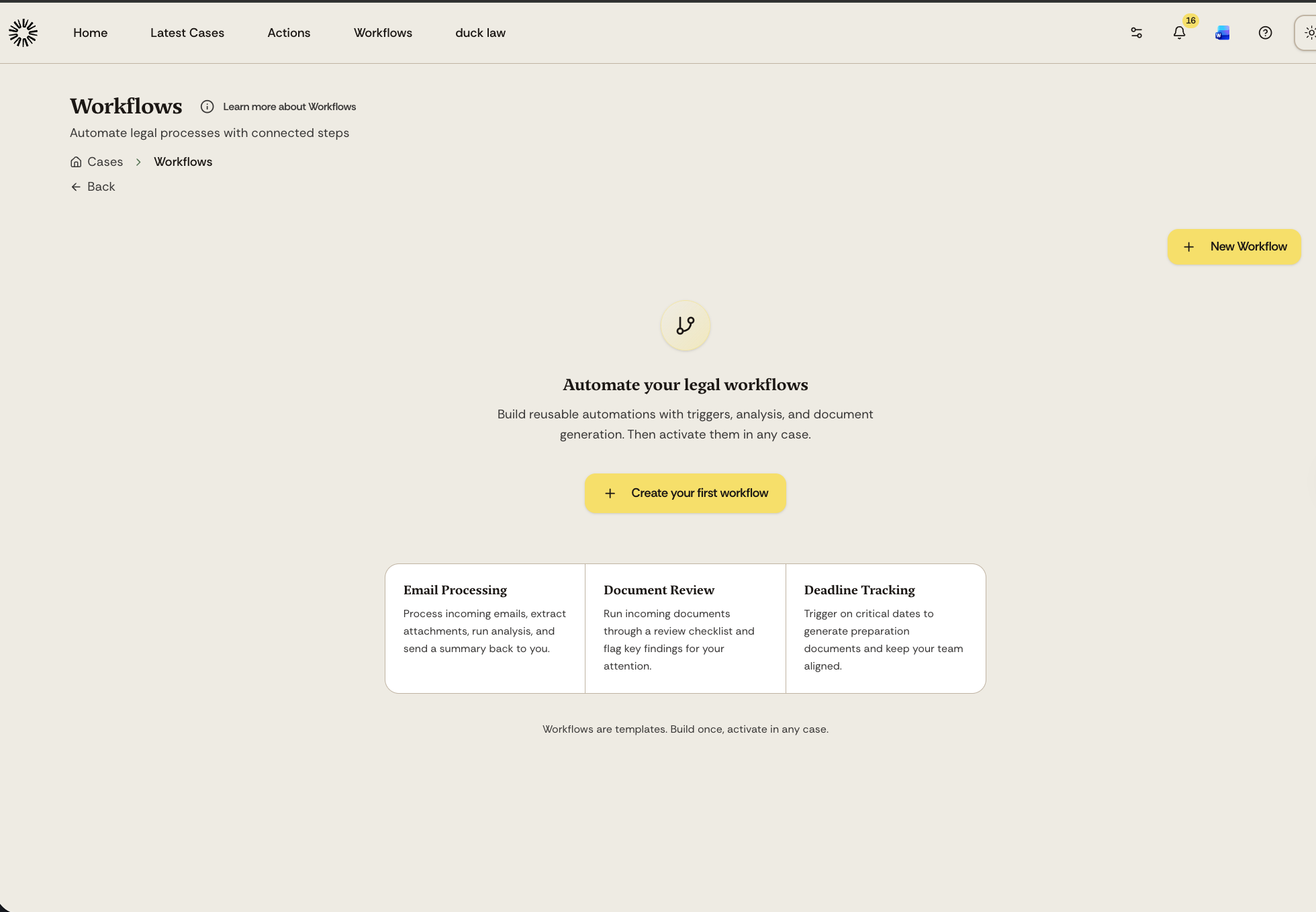 The Workflows page showing the empty state with template options and the Create your first workflow button